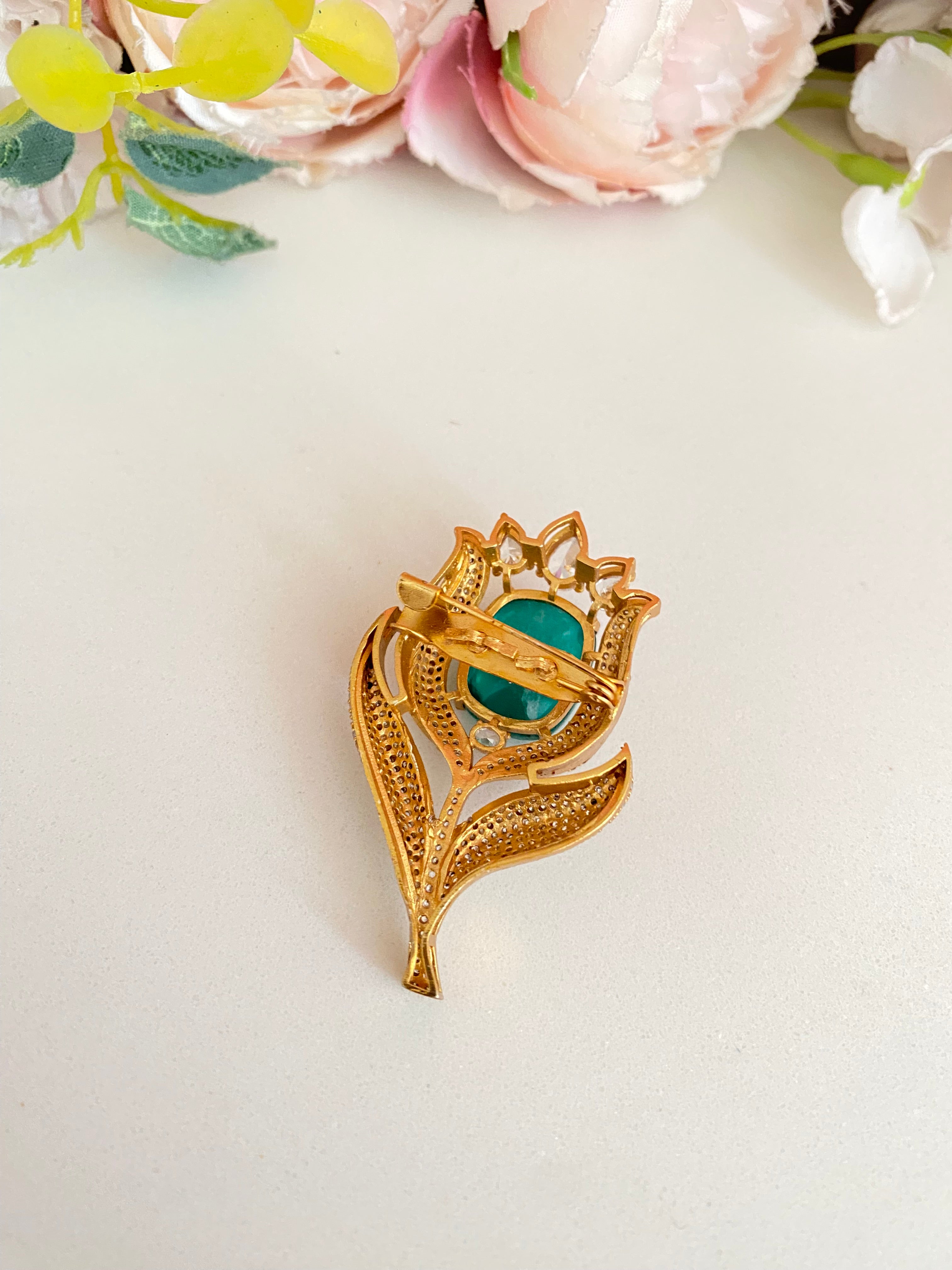 Gold plated green stone Moissanite Brooch