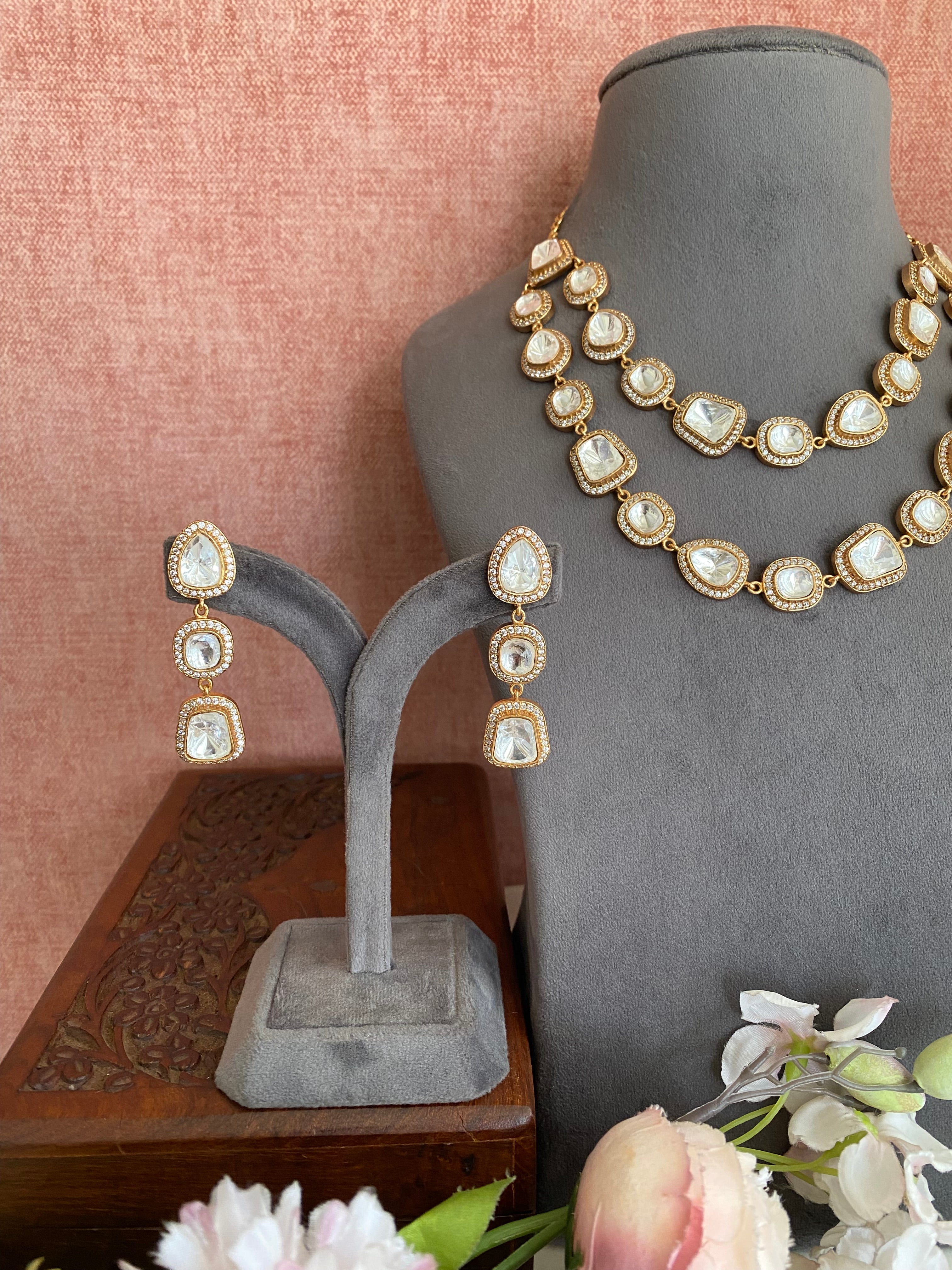 Gold plated Moissanite double layer necklace set
