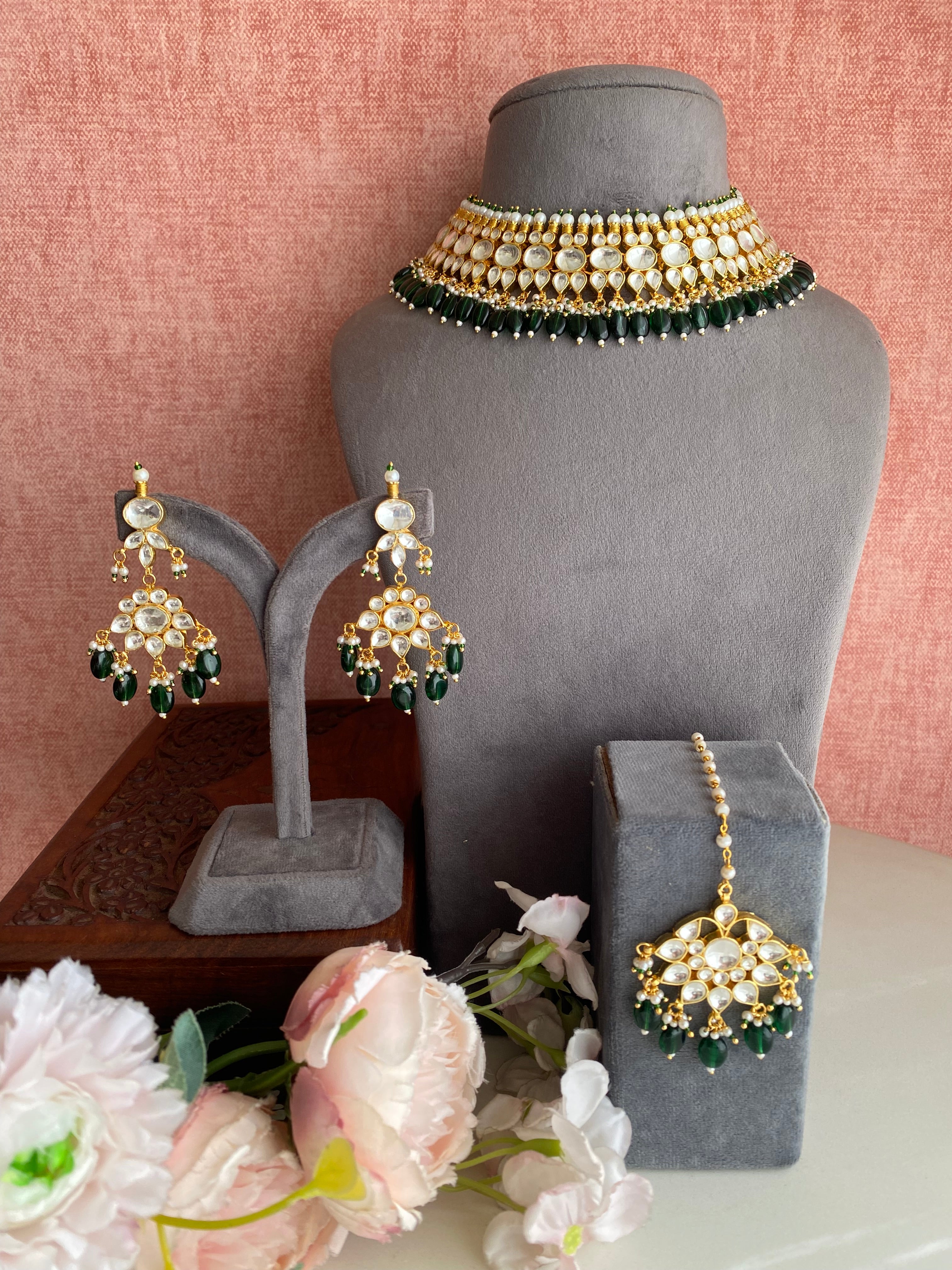 Kundan Bridal necklace set with Green Drops