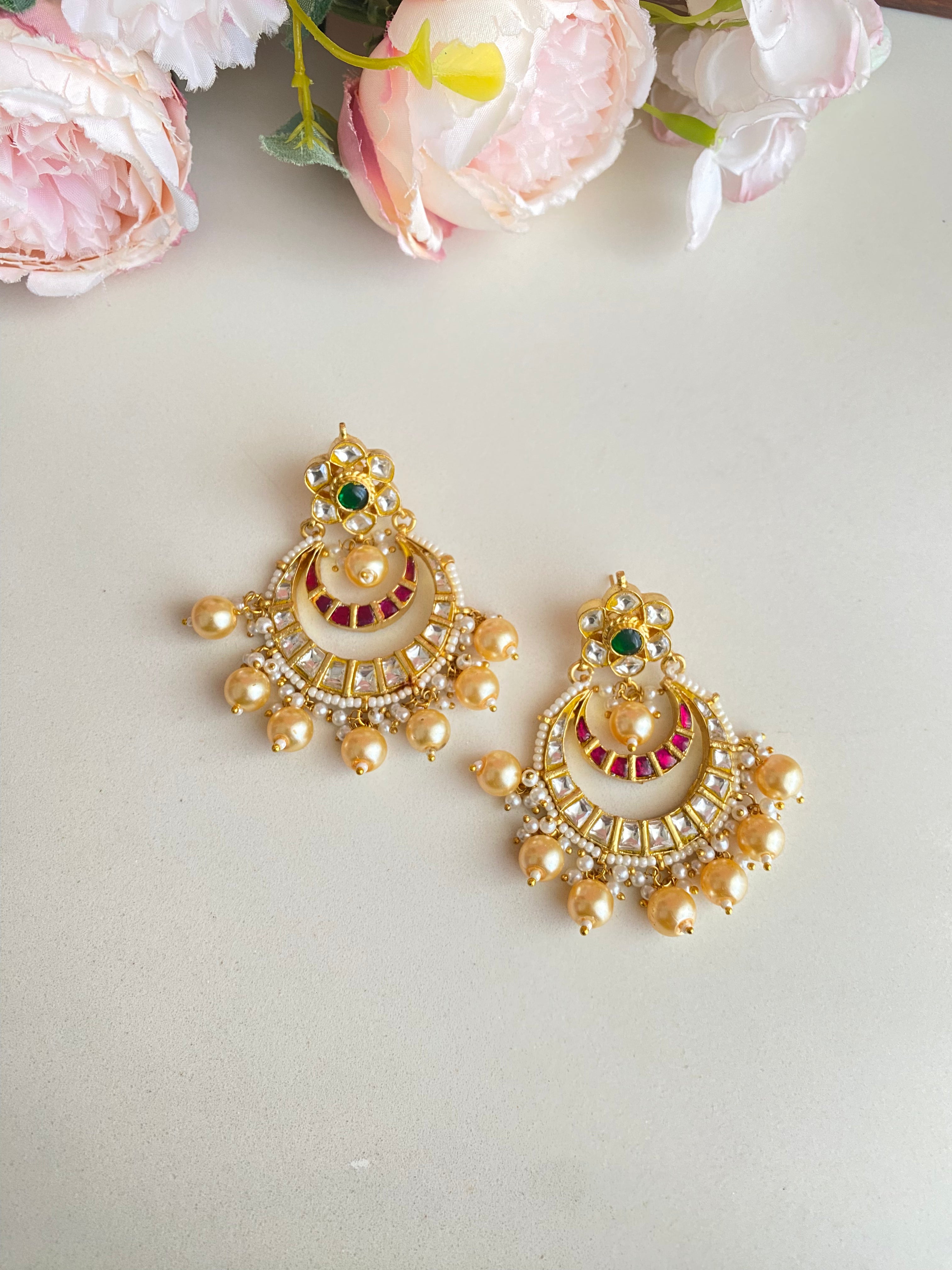 Gold plated Kundan Chandbaali in Pearl