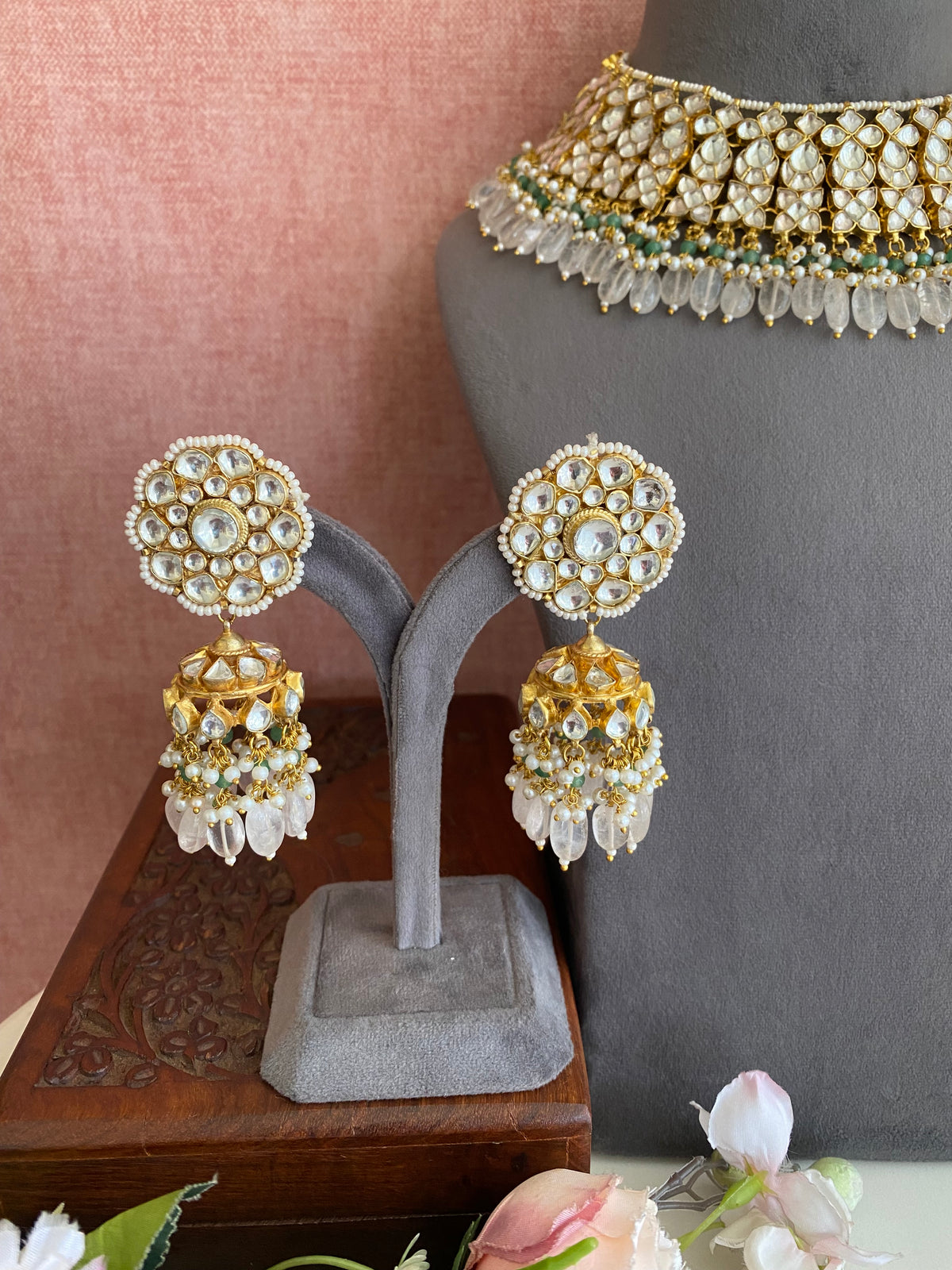 Kundan Necklace Set in Pink Beads