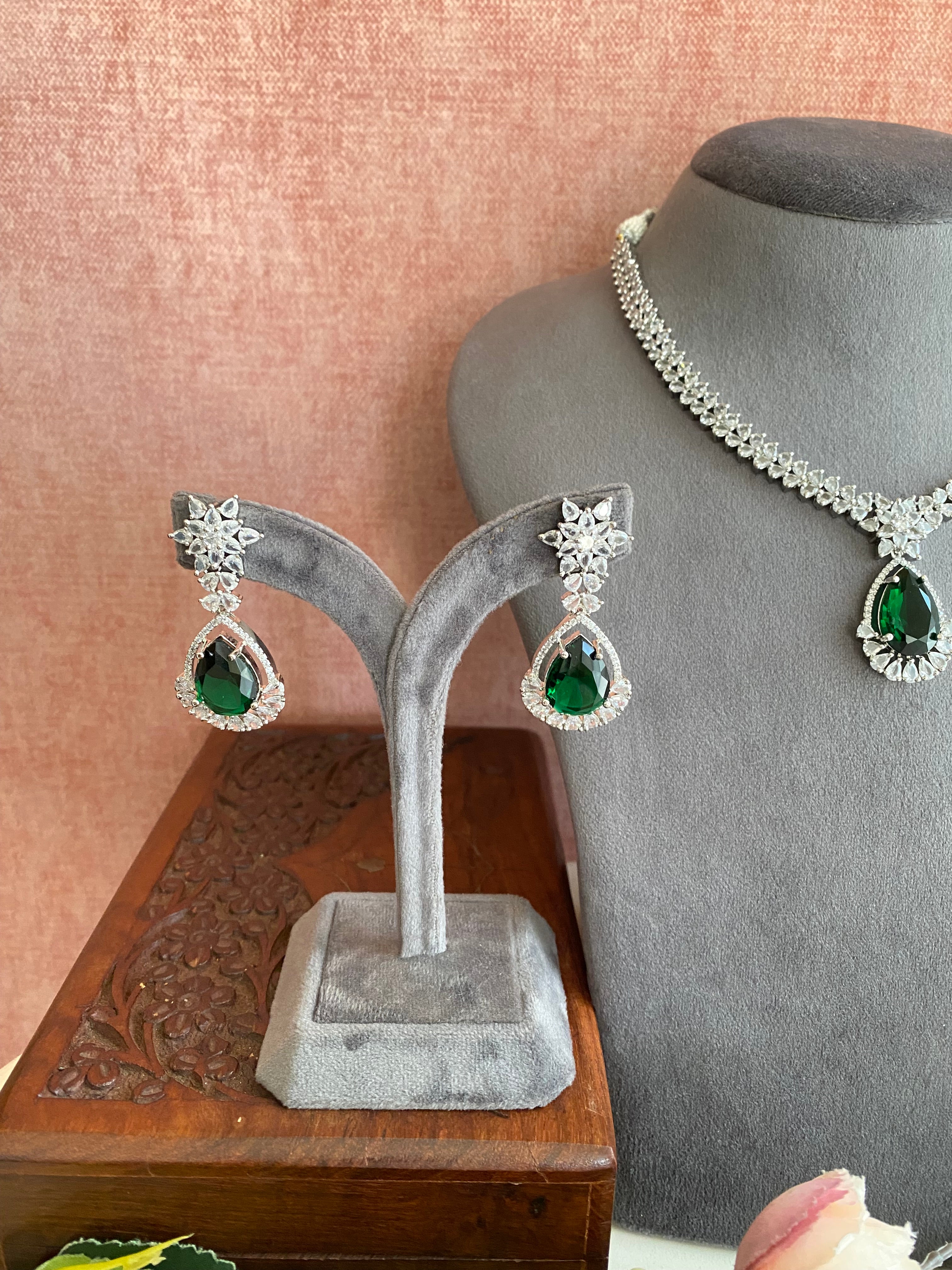 Silver Plated  Diamond Long Necklace set