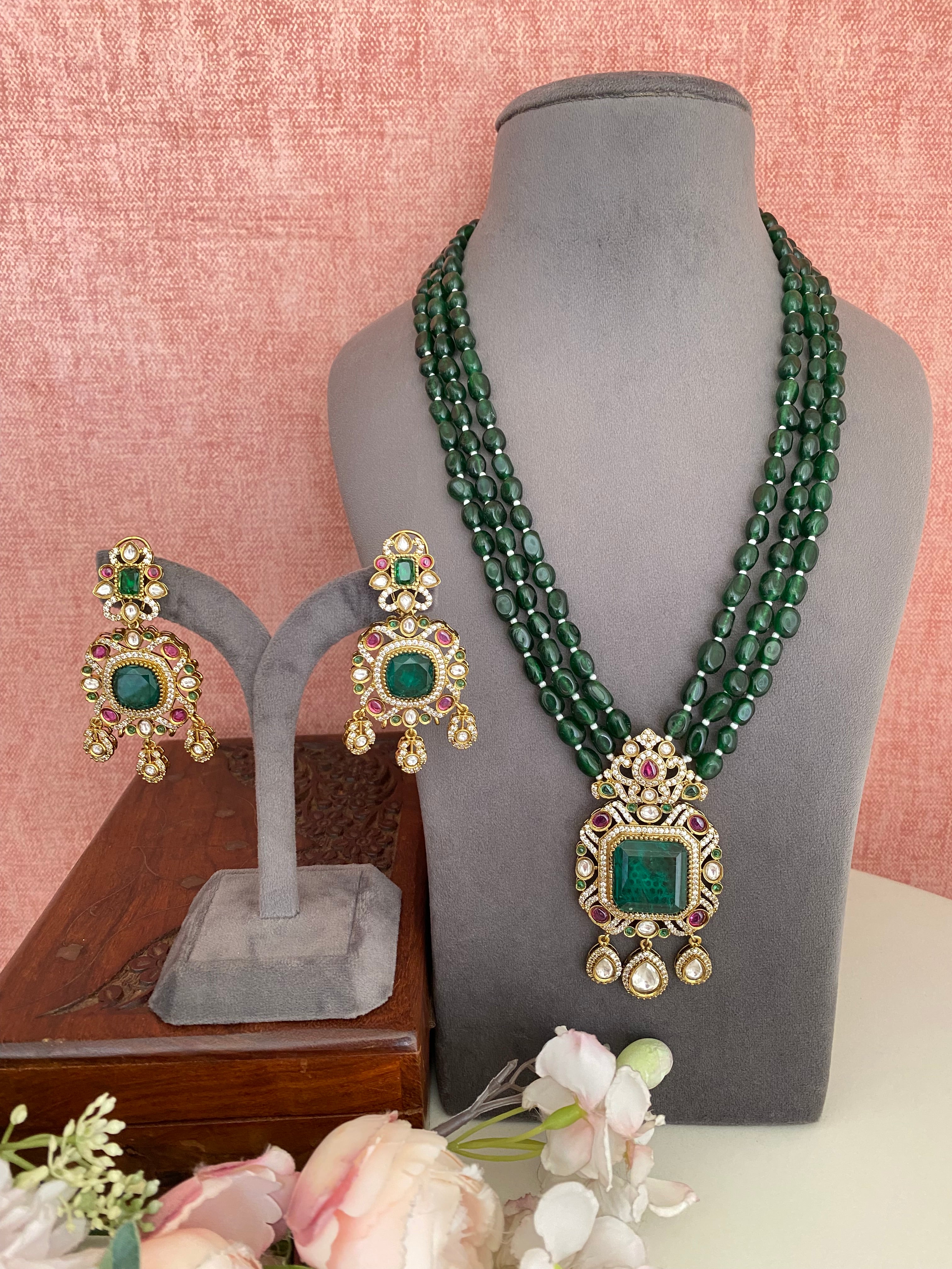 Moissanite Long Green Necklace Set