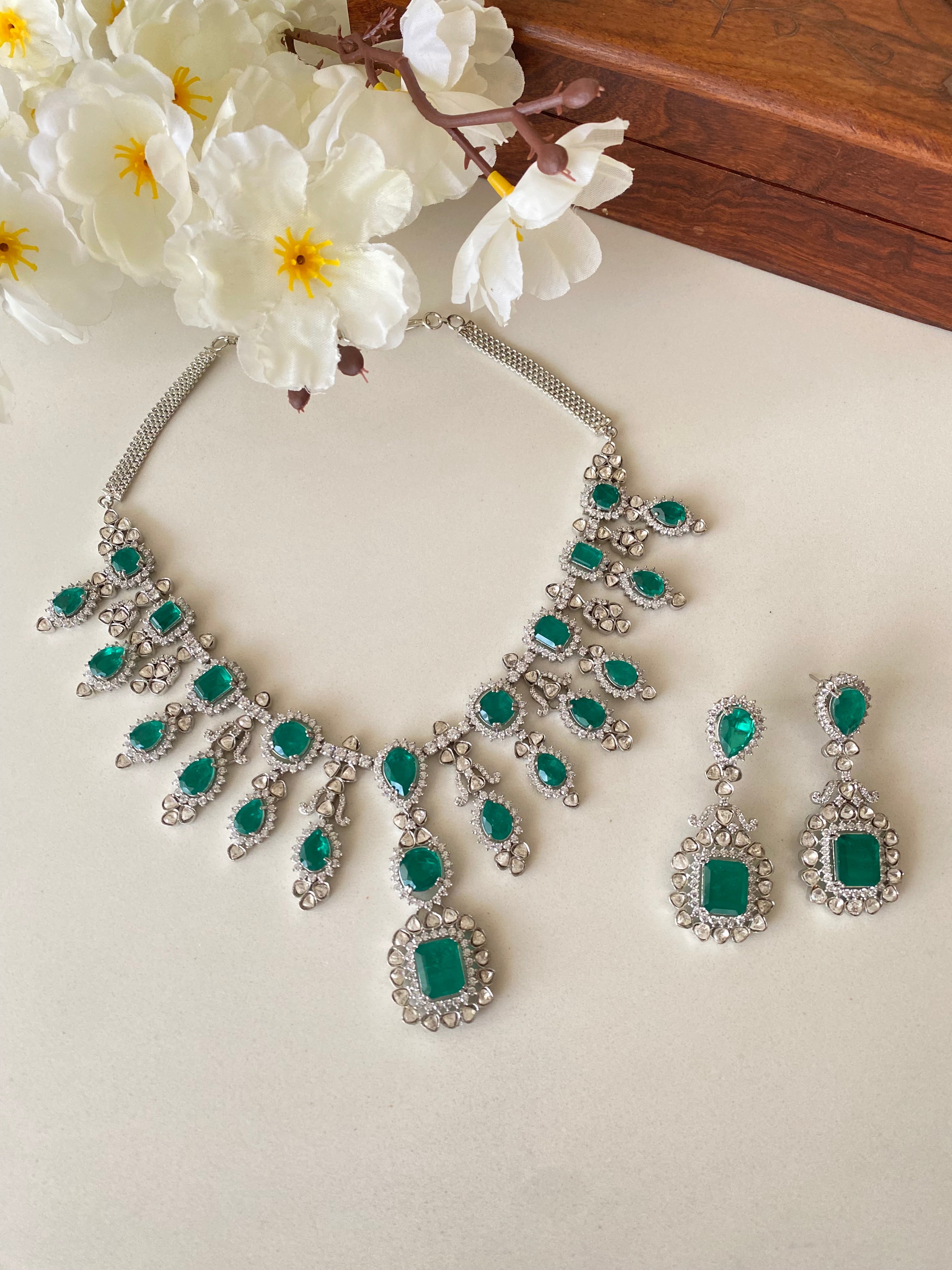 Silver Plated Emerald Diamond Necklace set