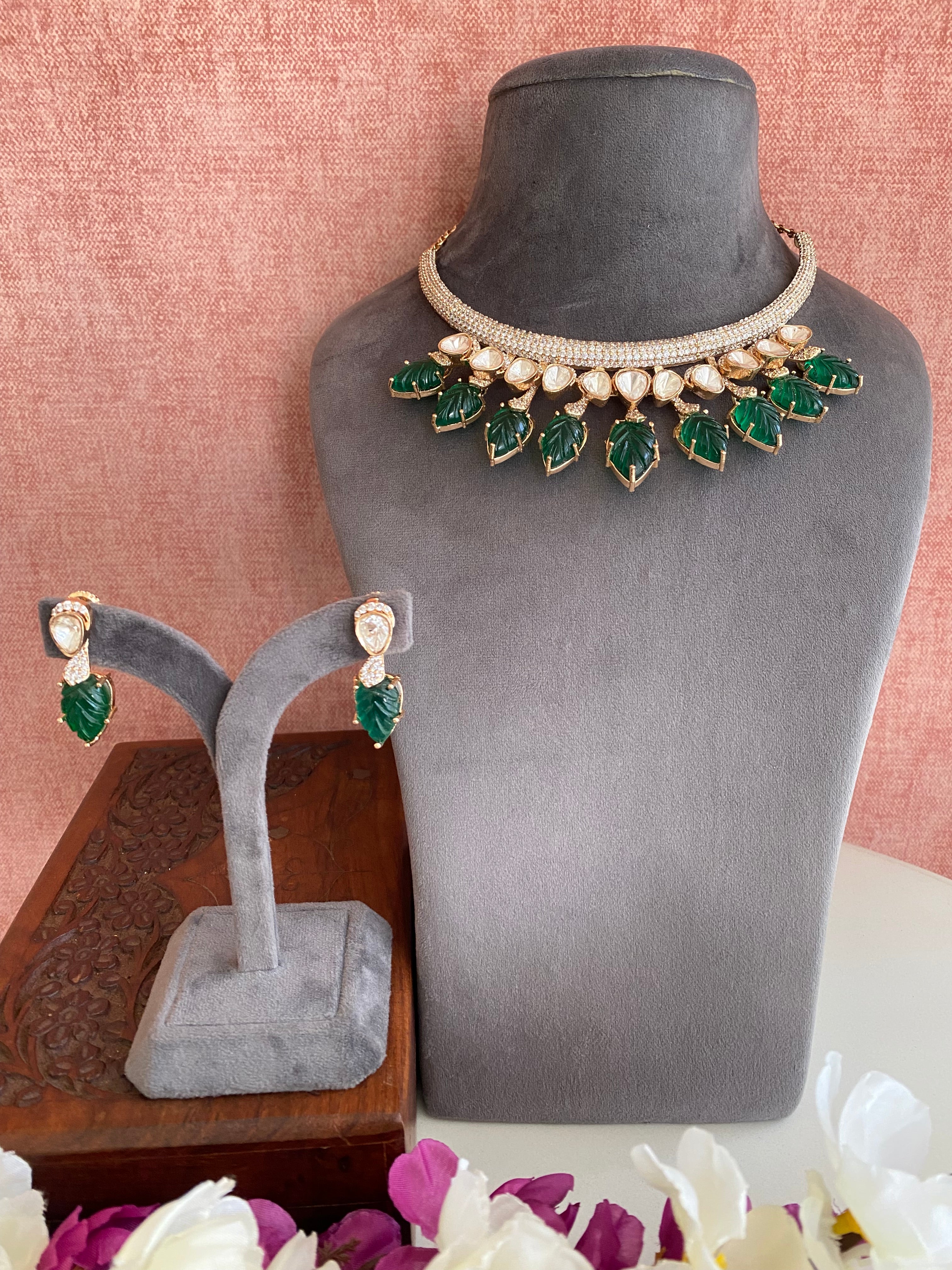 Gold plated Mossanite Green Necklace Set