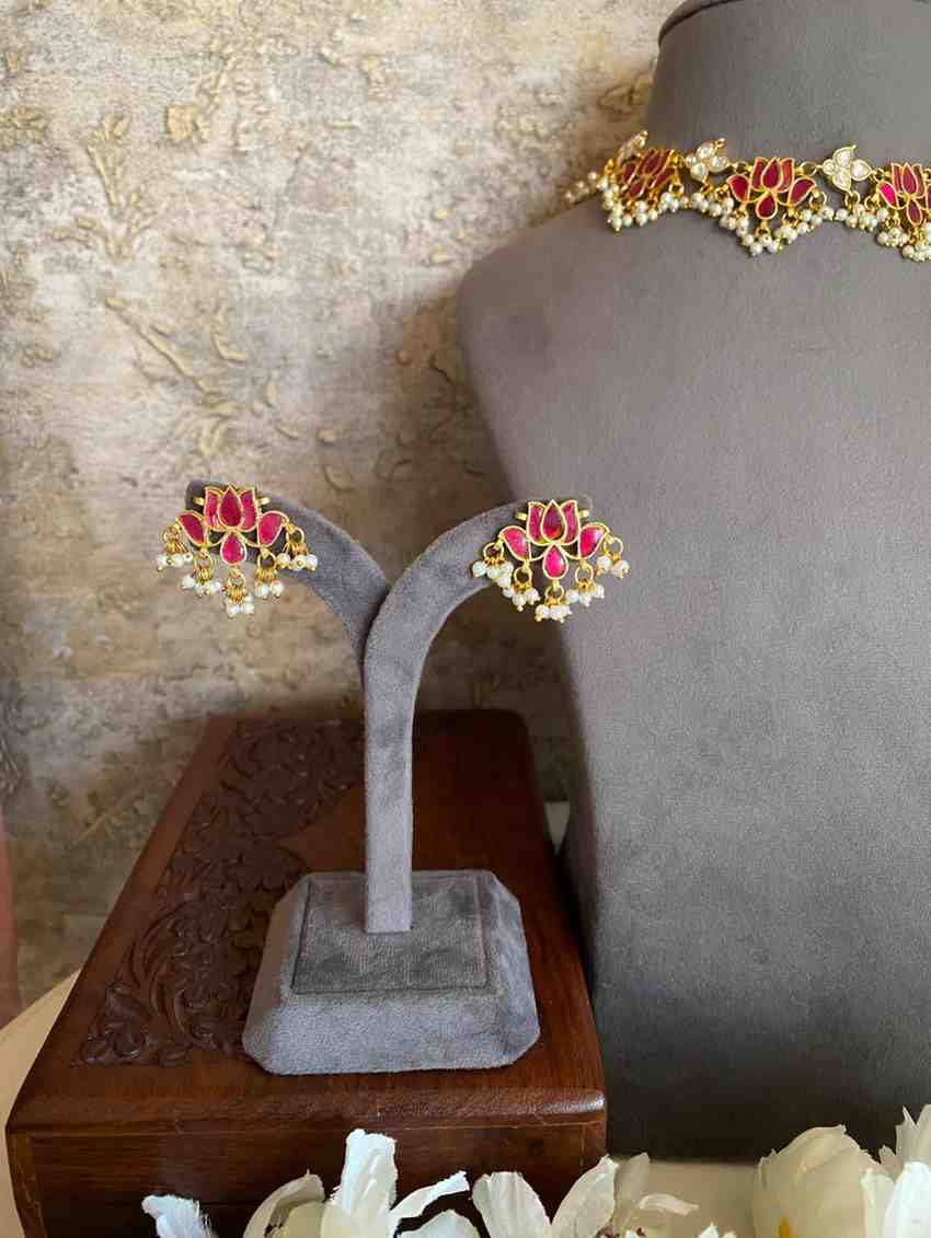 Gold plated Pink Lotus Kundan Choker set