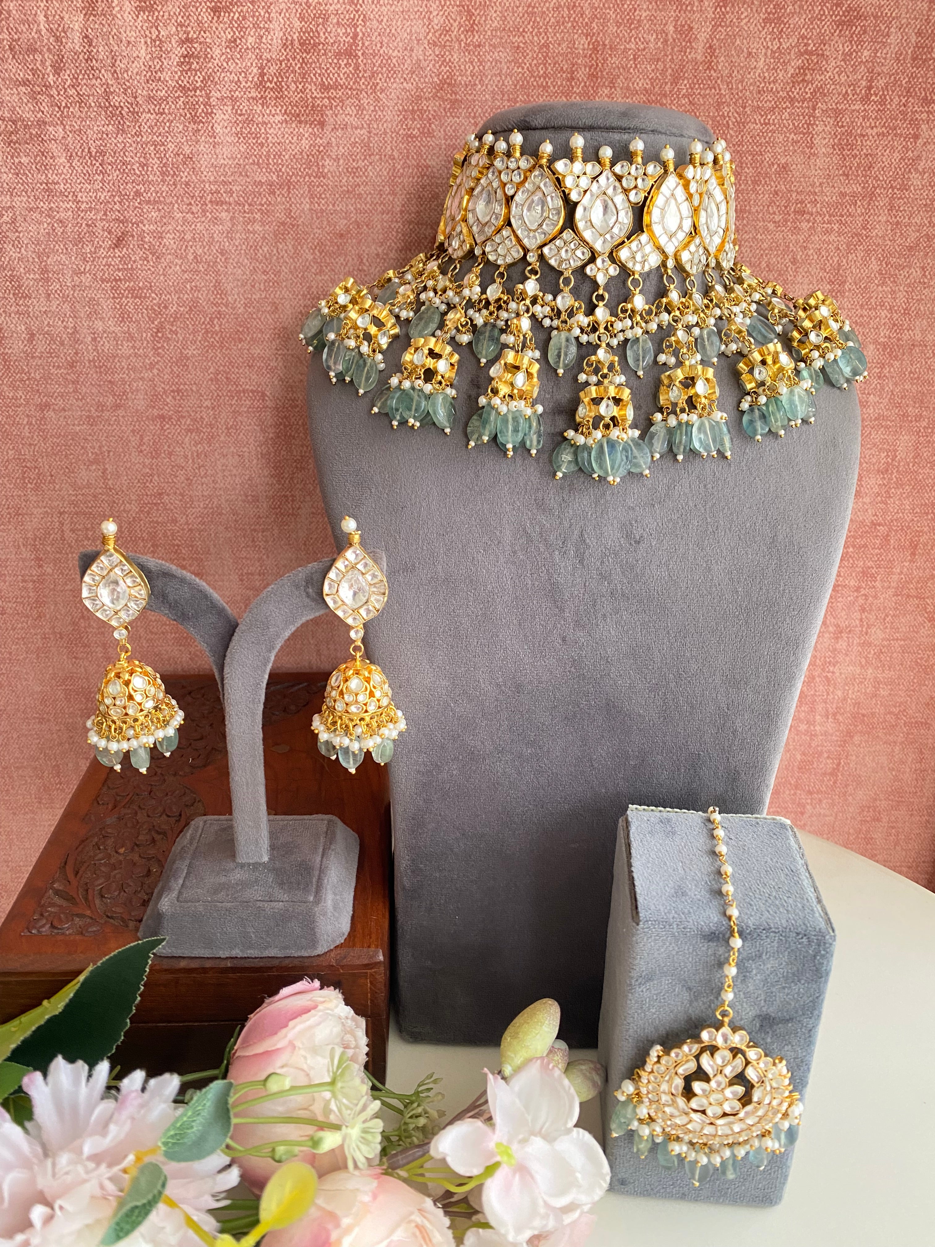 Kundan Bridal Necklace Set in Mint Drops