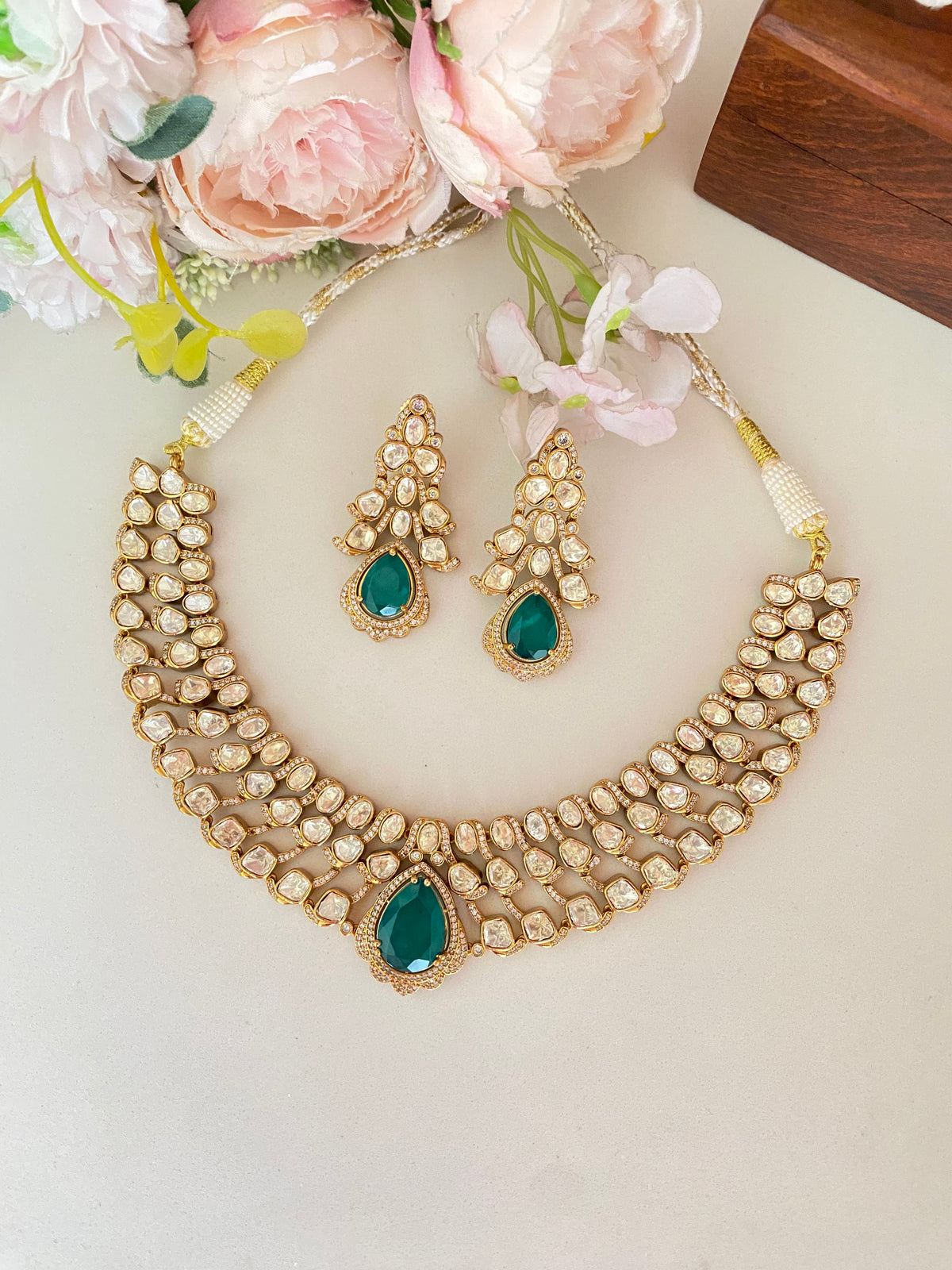 Moissanite Green Stone Polki Necklace Set