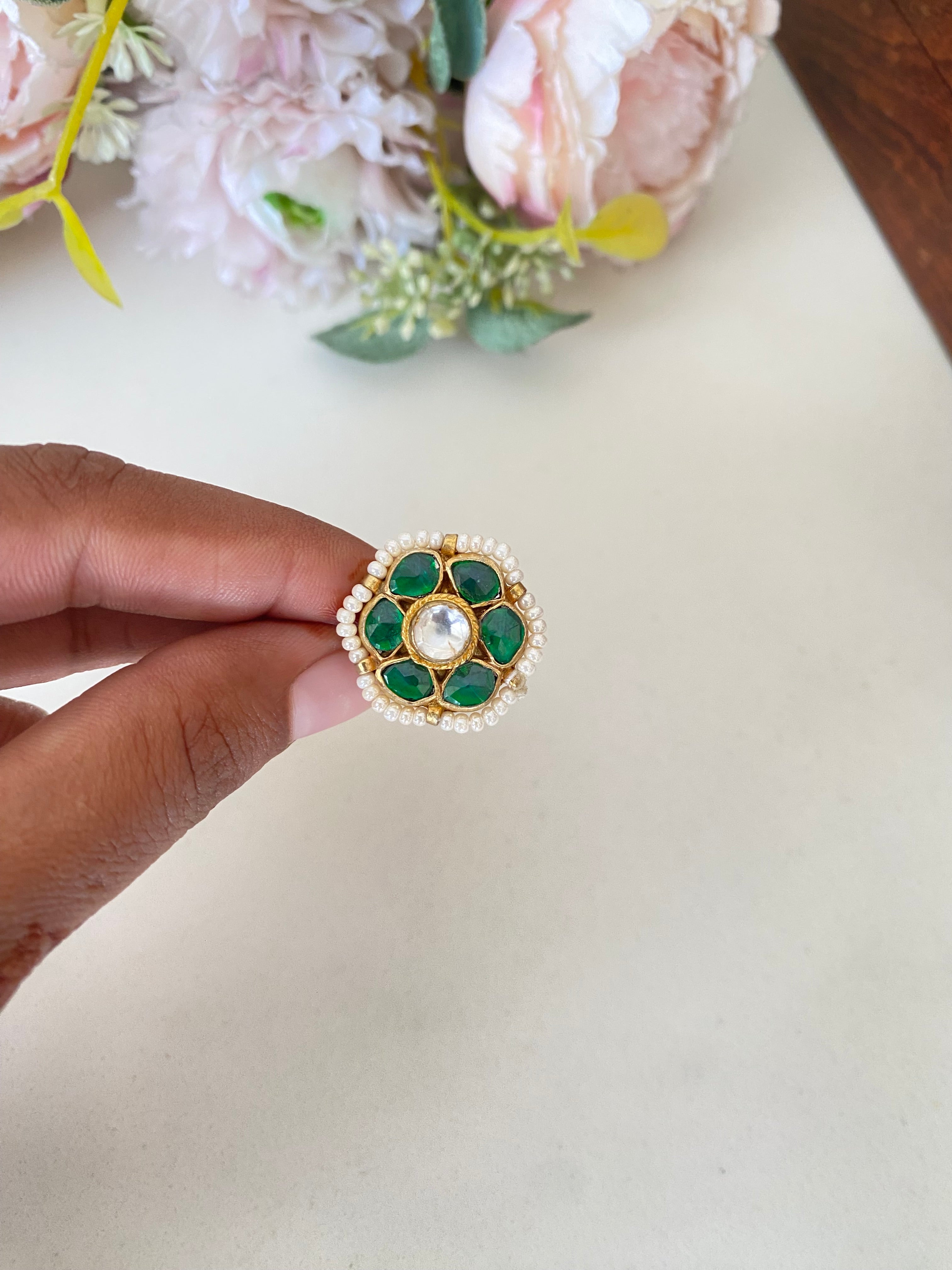 Gold plated Kundan green ring