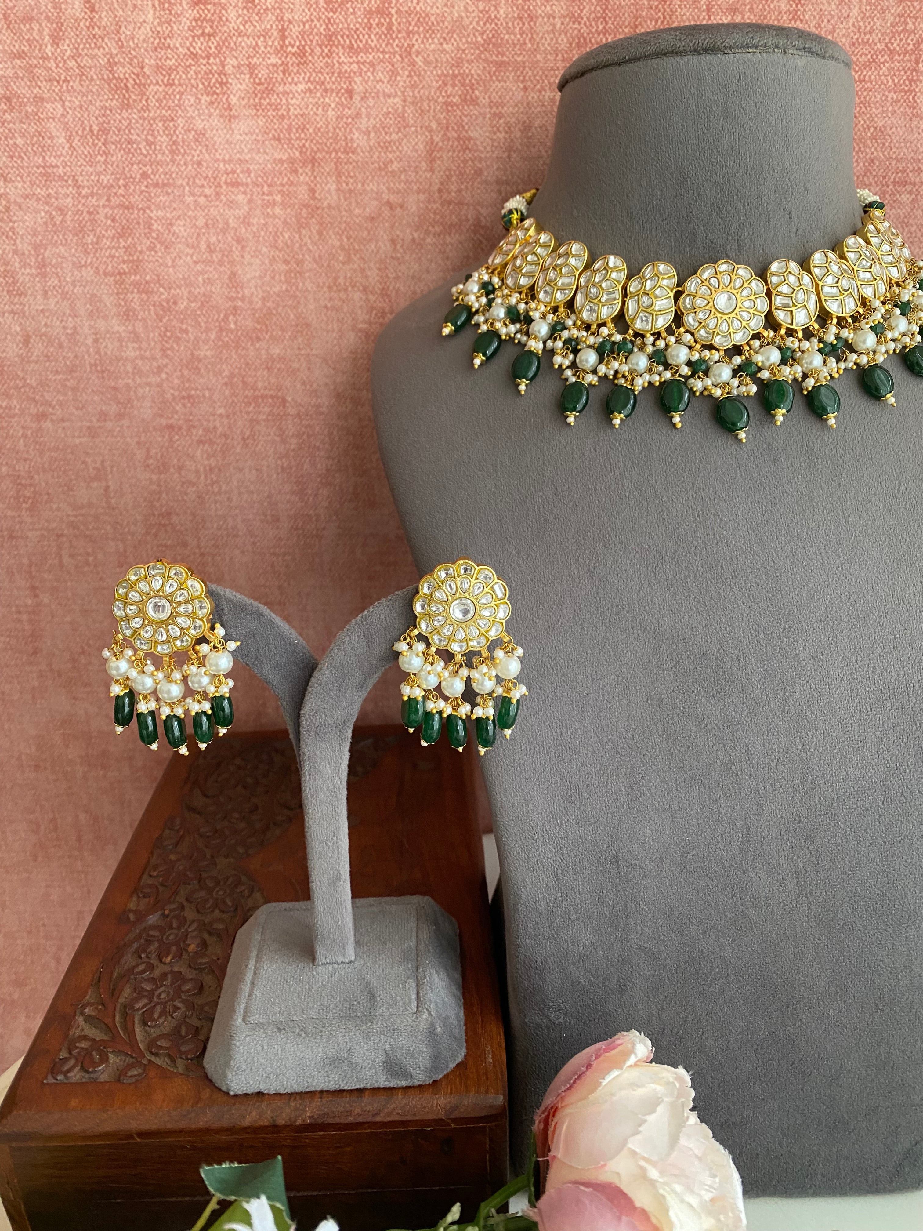 Gold plated Kundan Necklace Set in green drops