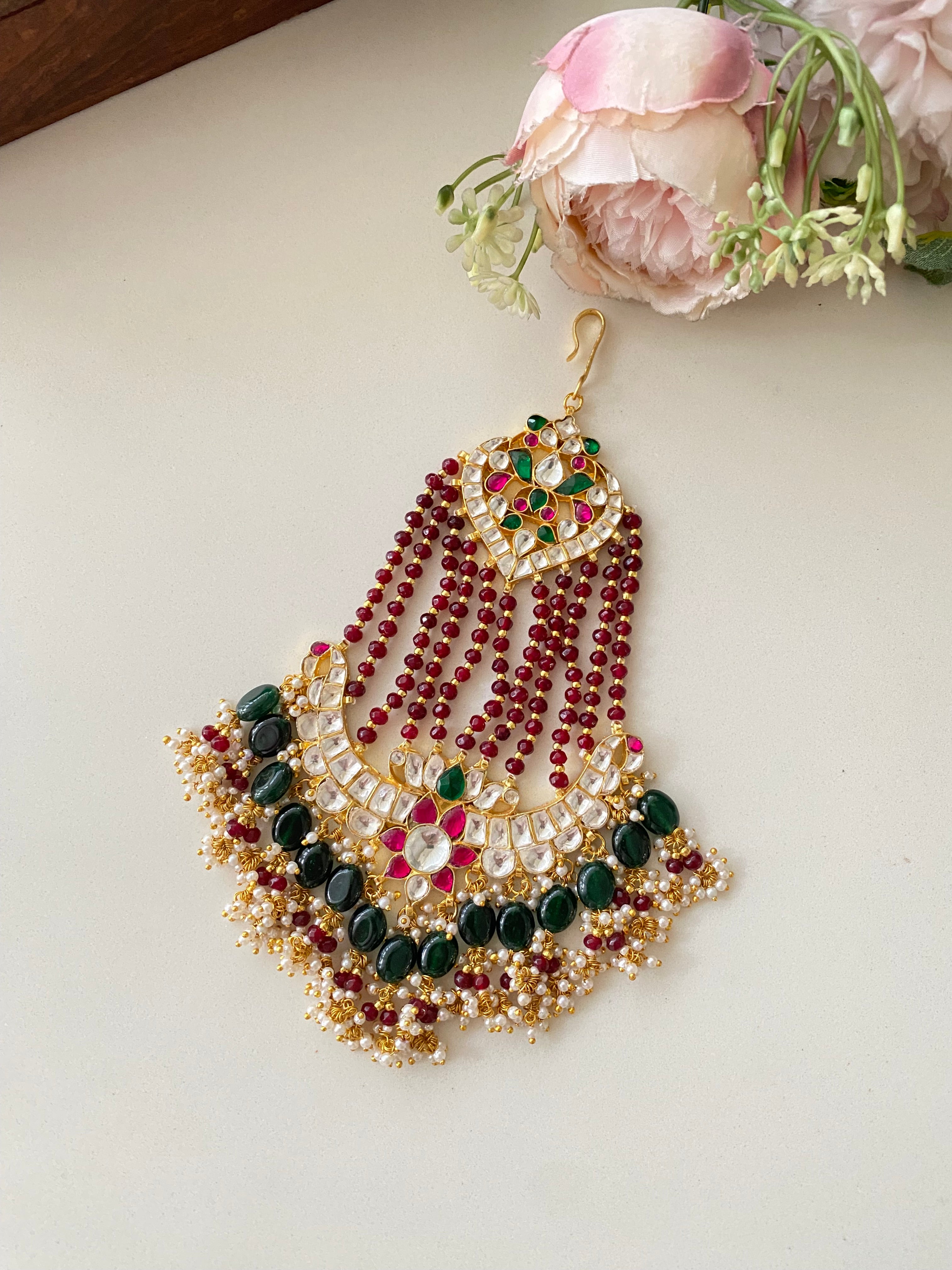 Pink Kundan Paasa in pearl drops
