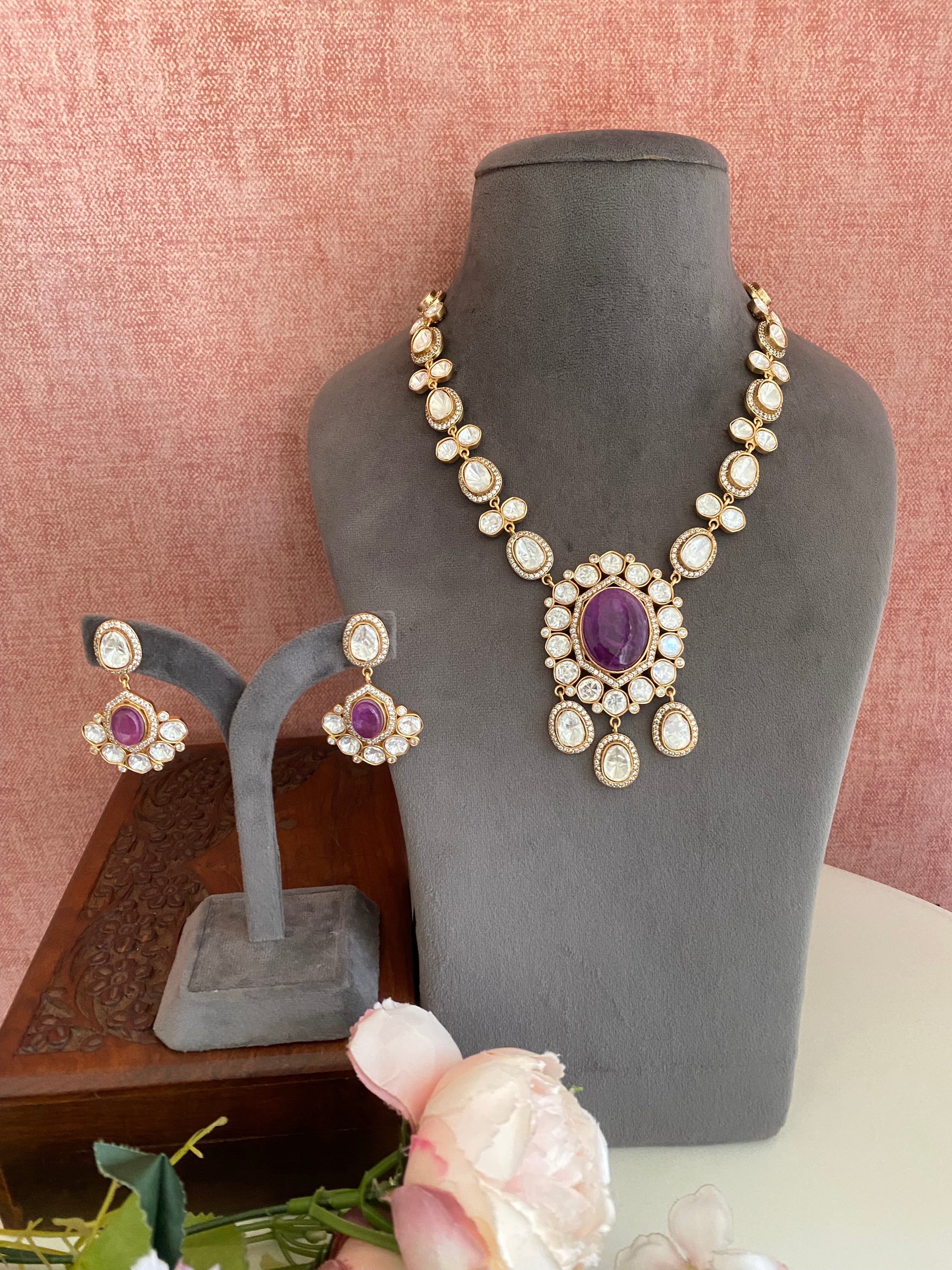 Purple stone long necklace set
