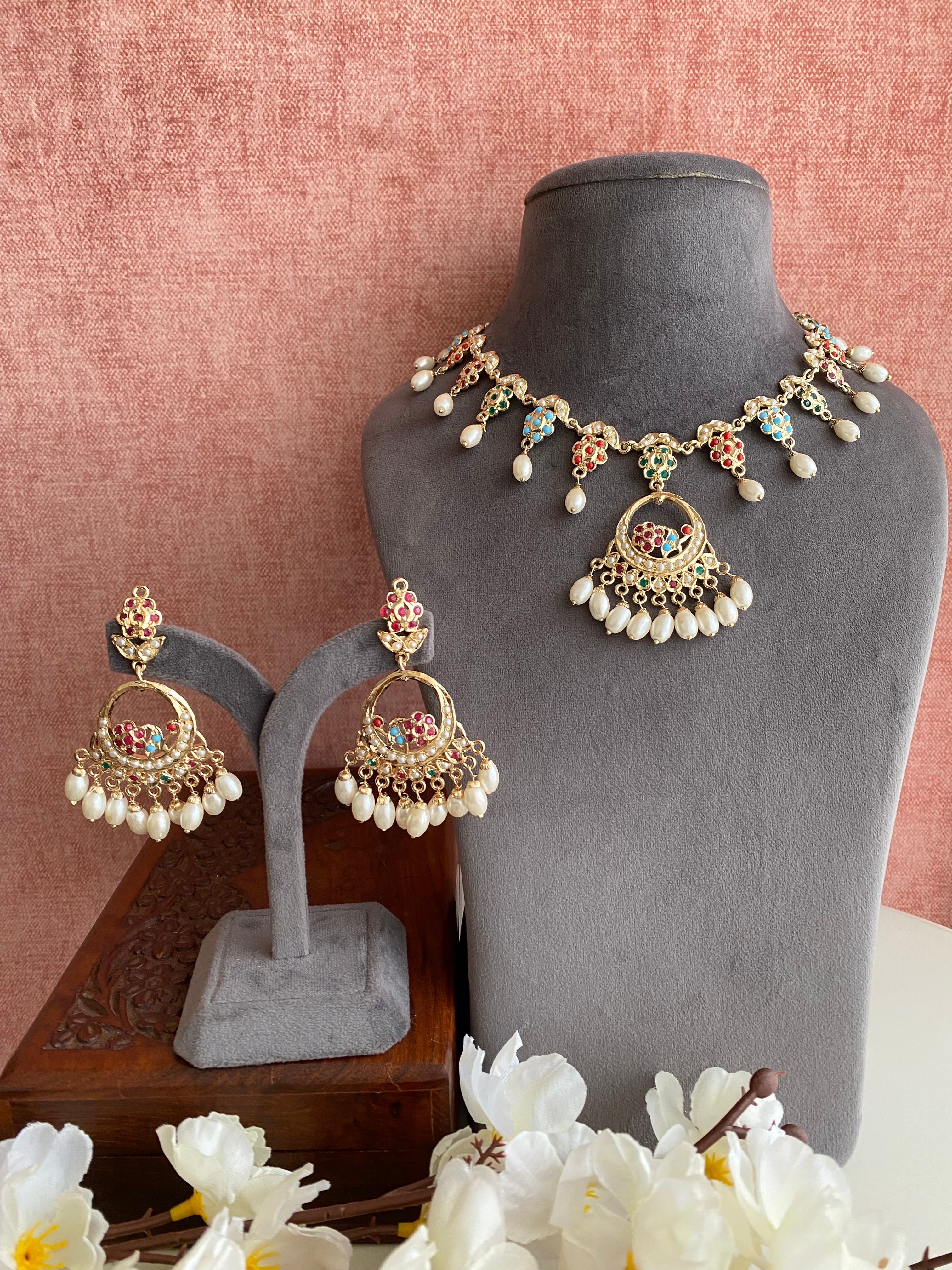 Amritsari Jadau Multi Necklace with chandbaali earrings