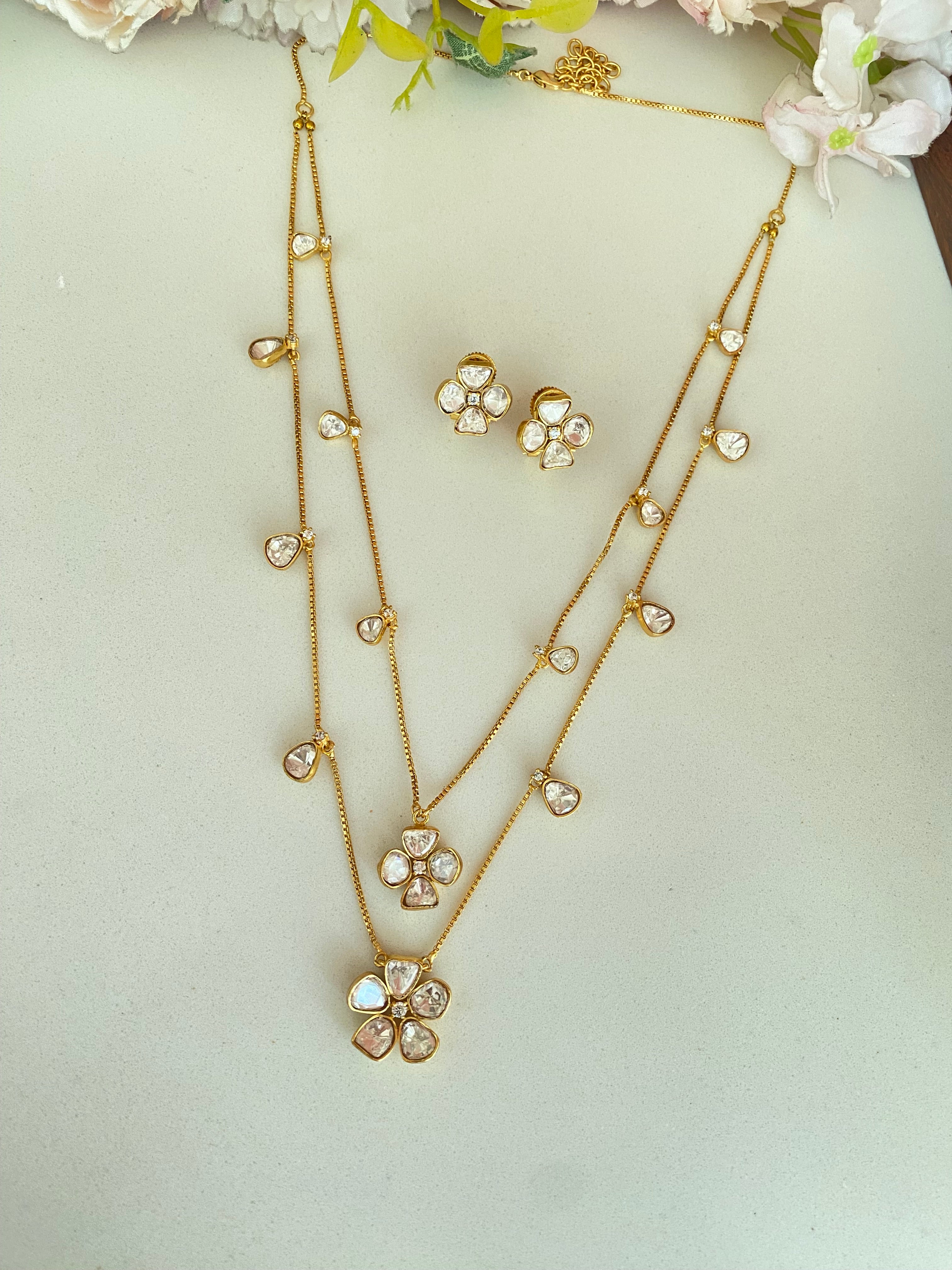 Gold plated Moissanite Double Line Pendant Set