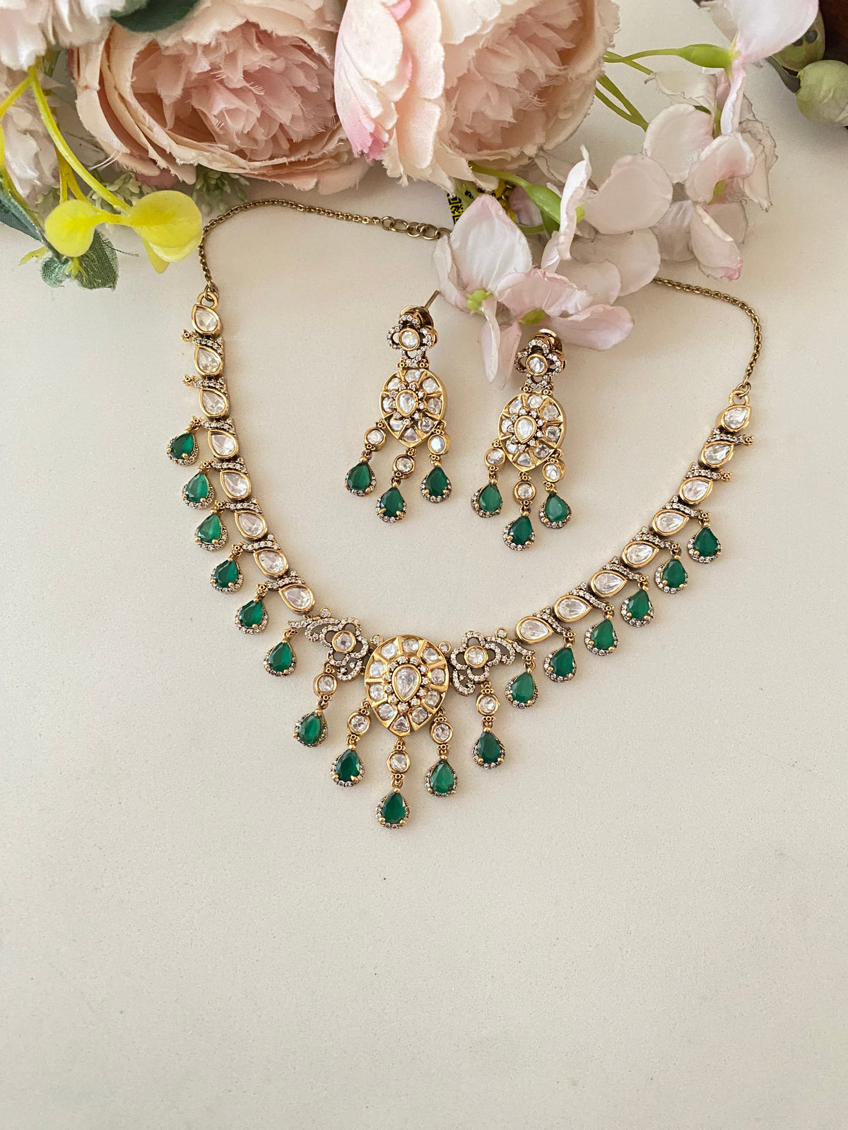 Moissanite green Polki Necklace Set