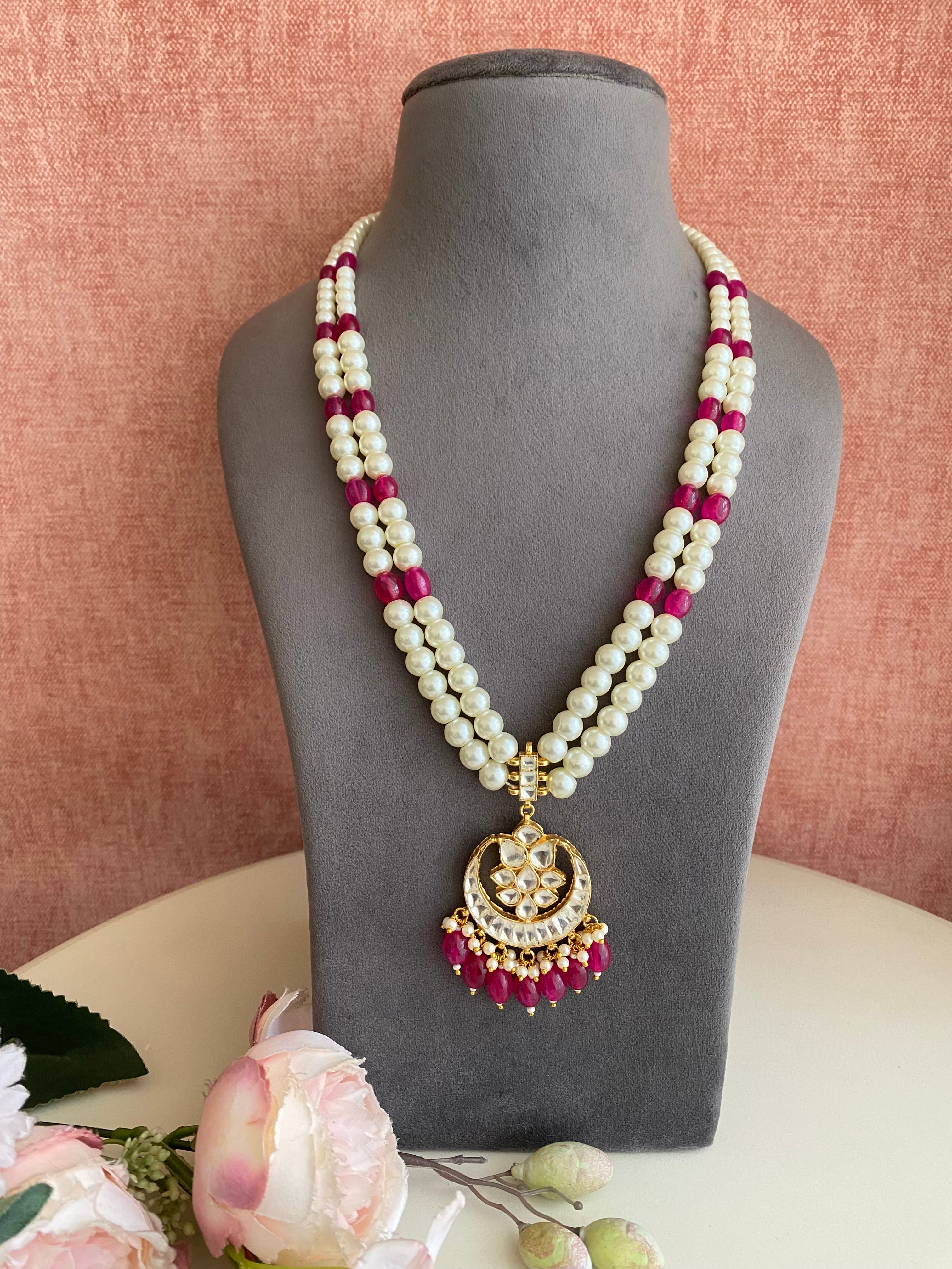 Gold plated Kundan Necklace in Pink Drops