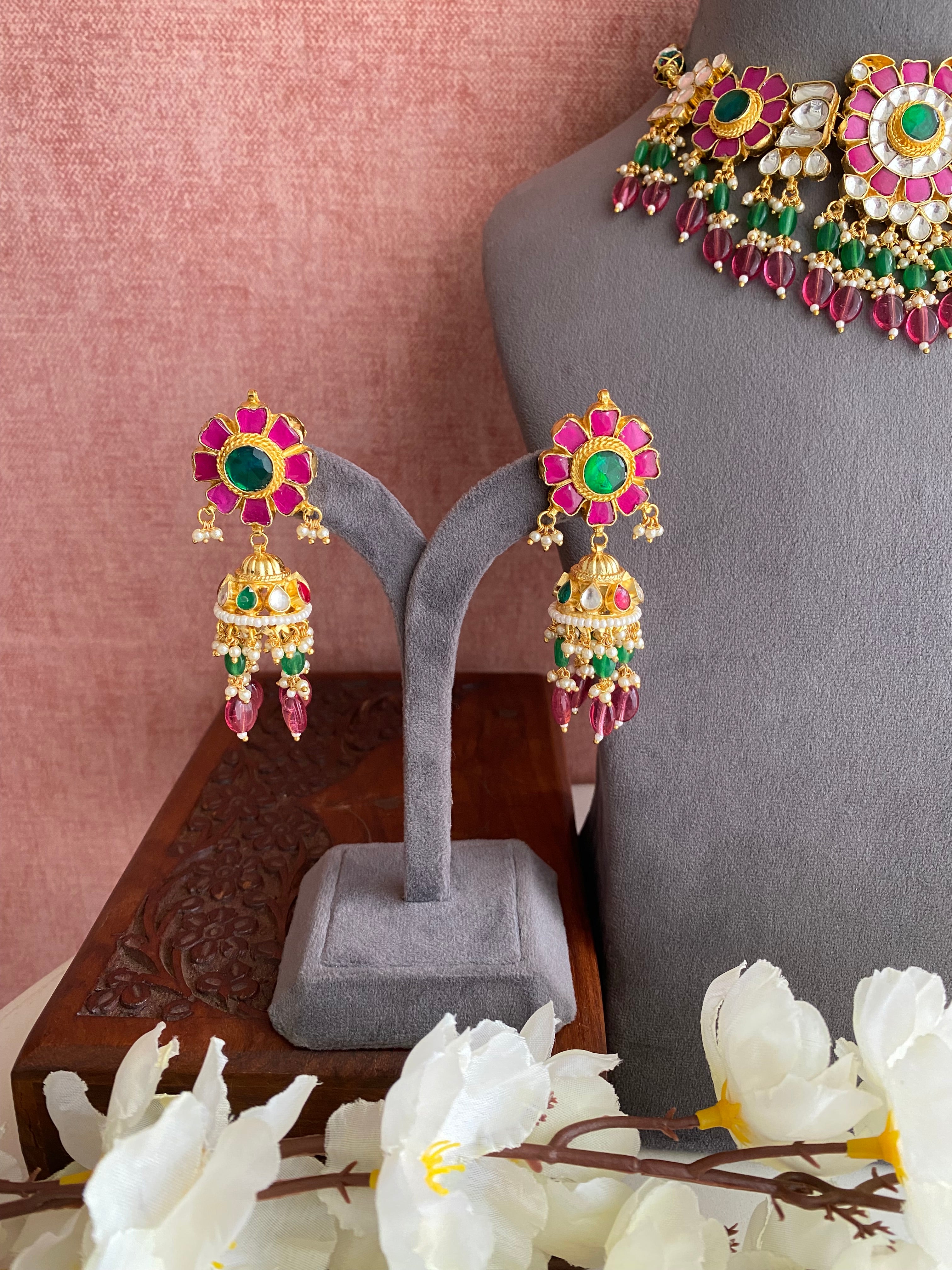 Floral Gold plated Pink Kundan Necklace Set