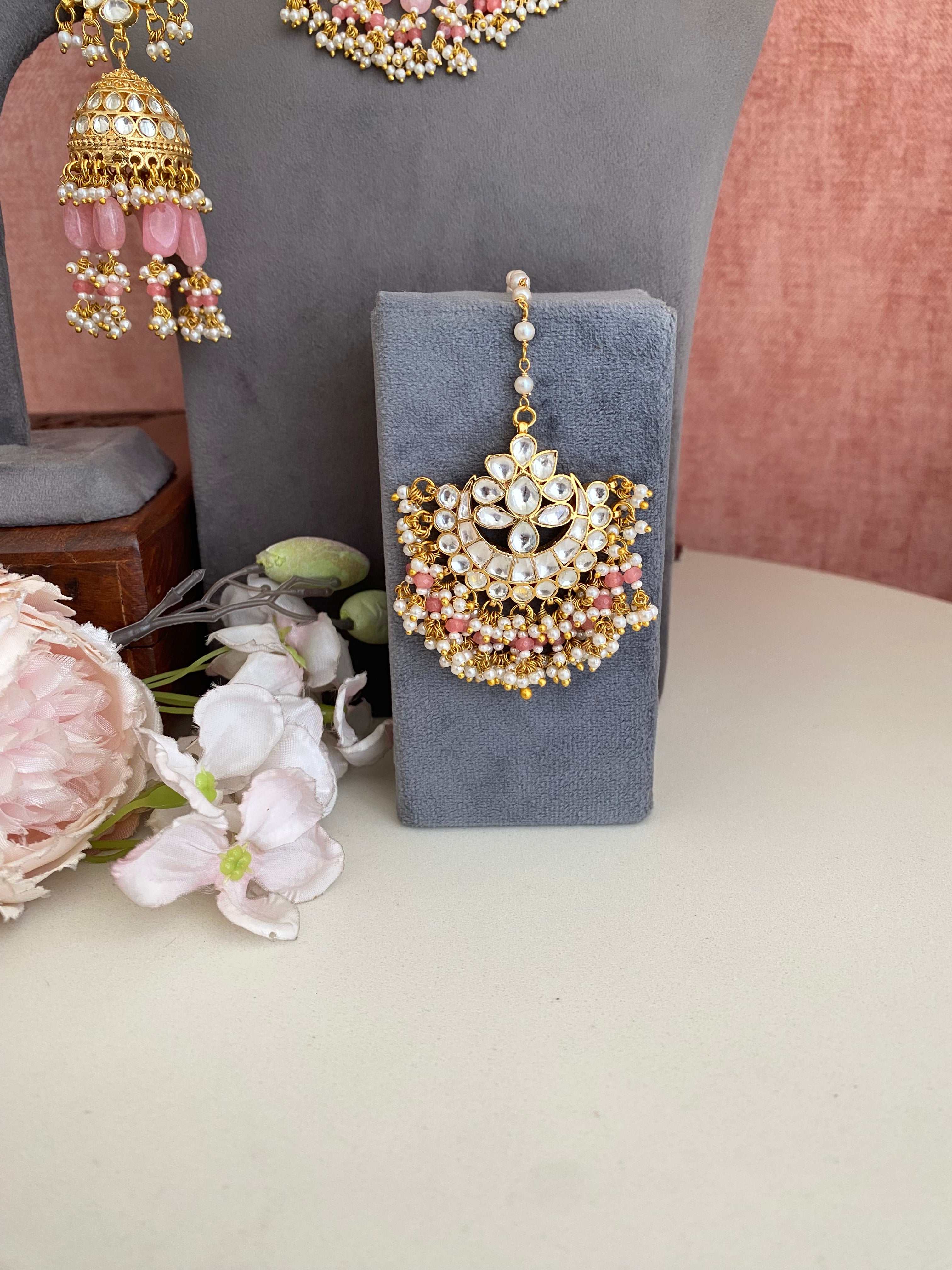 Kundan Bridal Necklace Set in pink drops