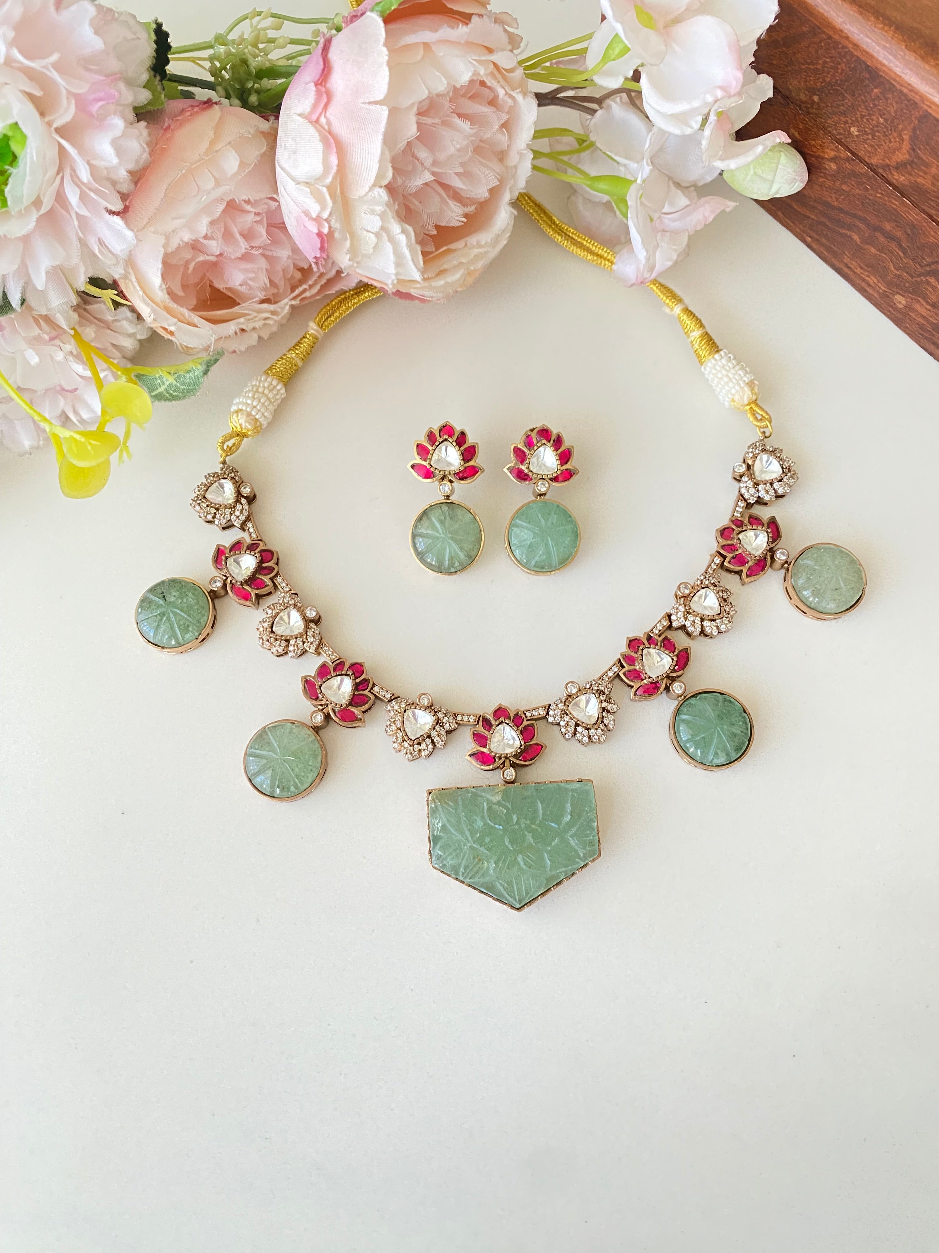Gold plated Mint Stone Necklace Set