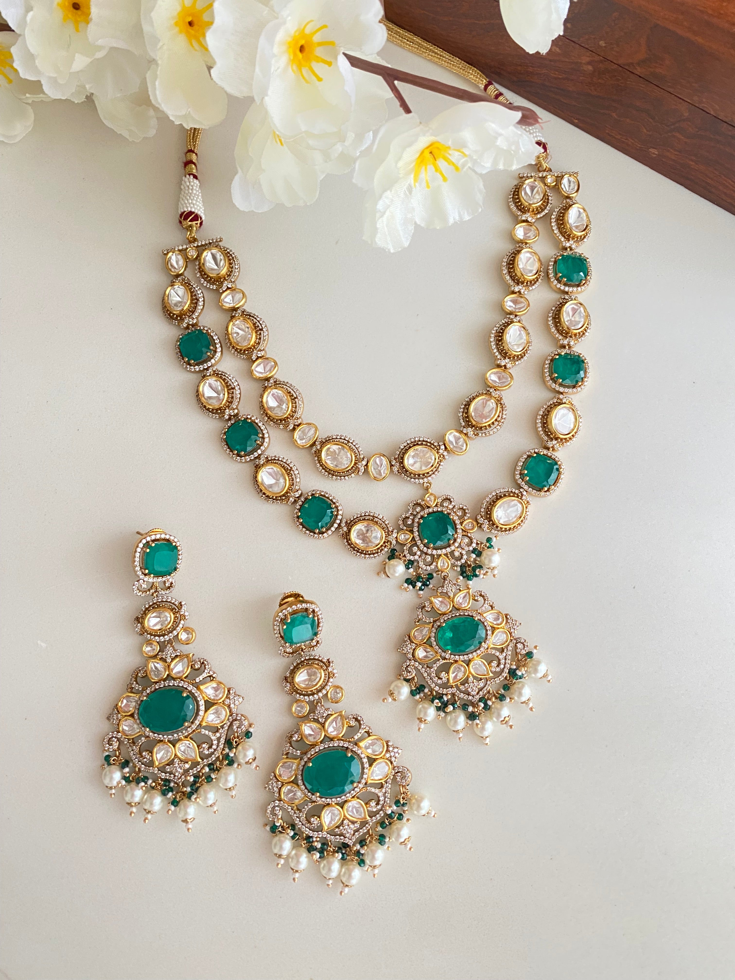 Gold Plated Double Line Green Necklace Set