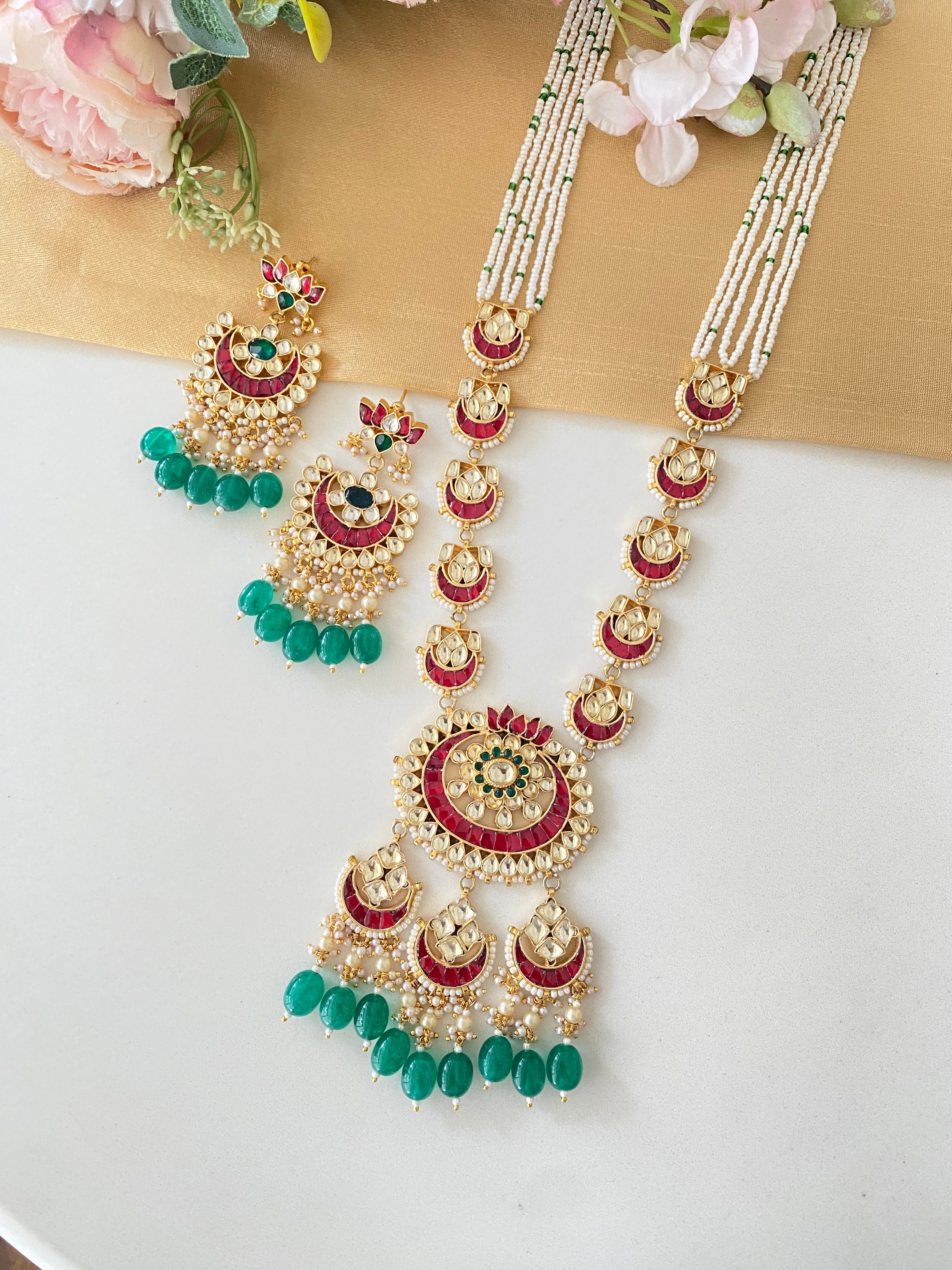 Gold Plated Kundan Long Set in Green drops