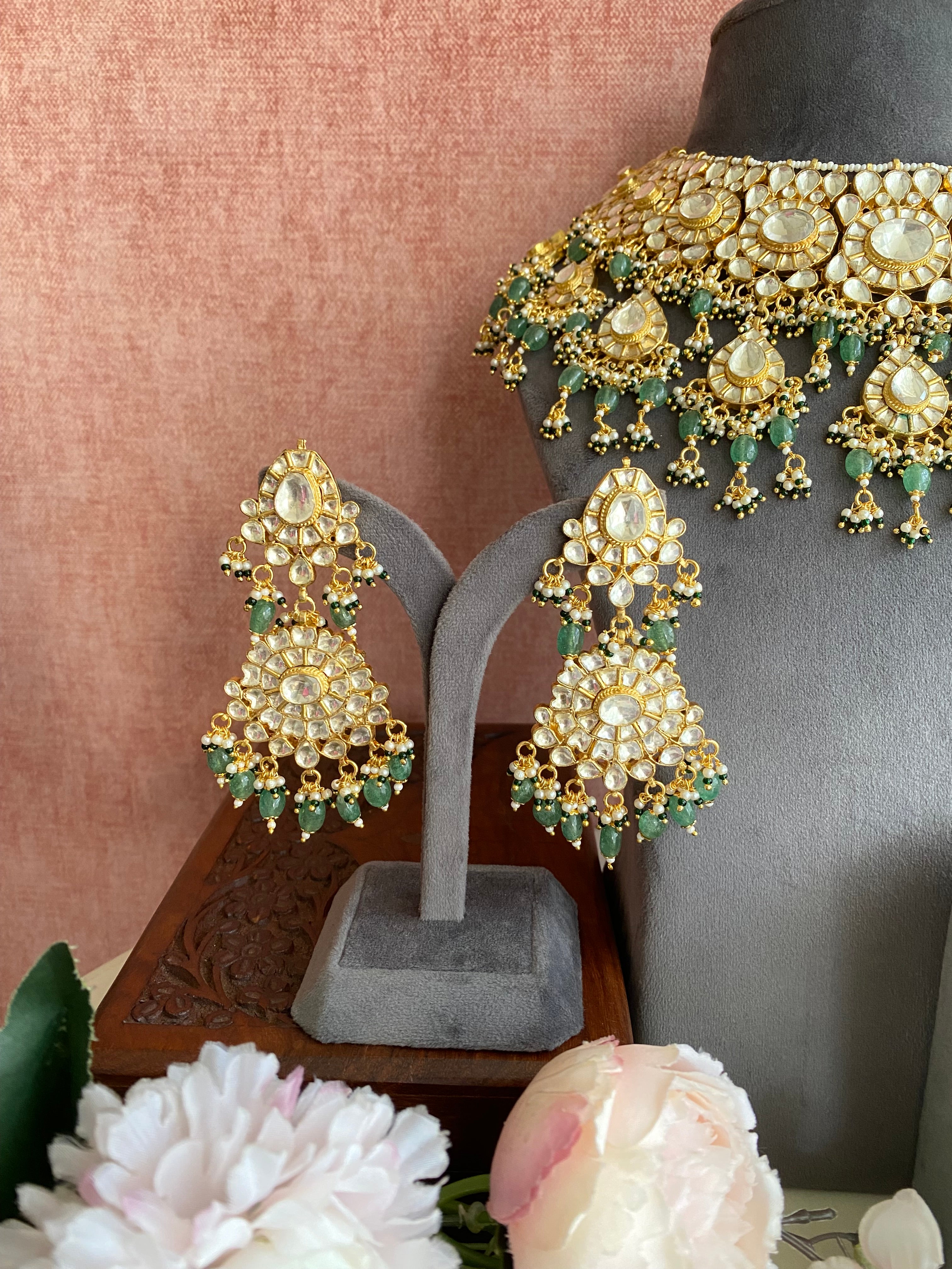 Kundan Bridal Necklace Set in Green drops