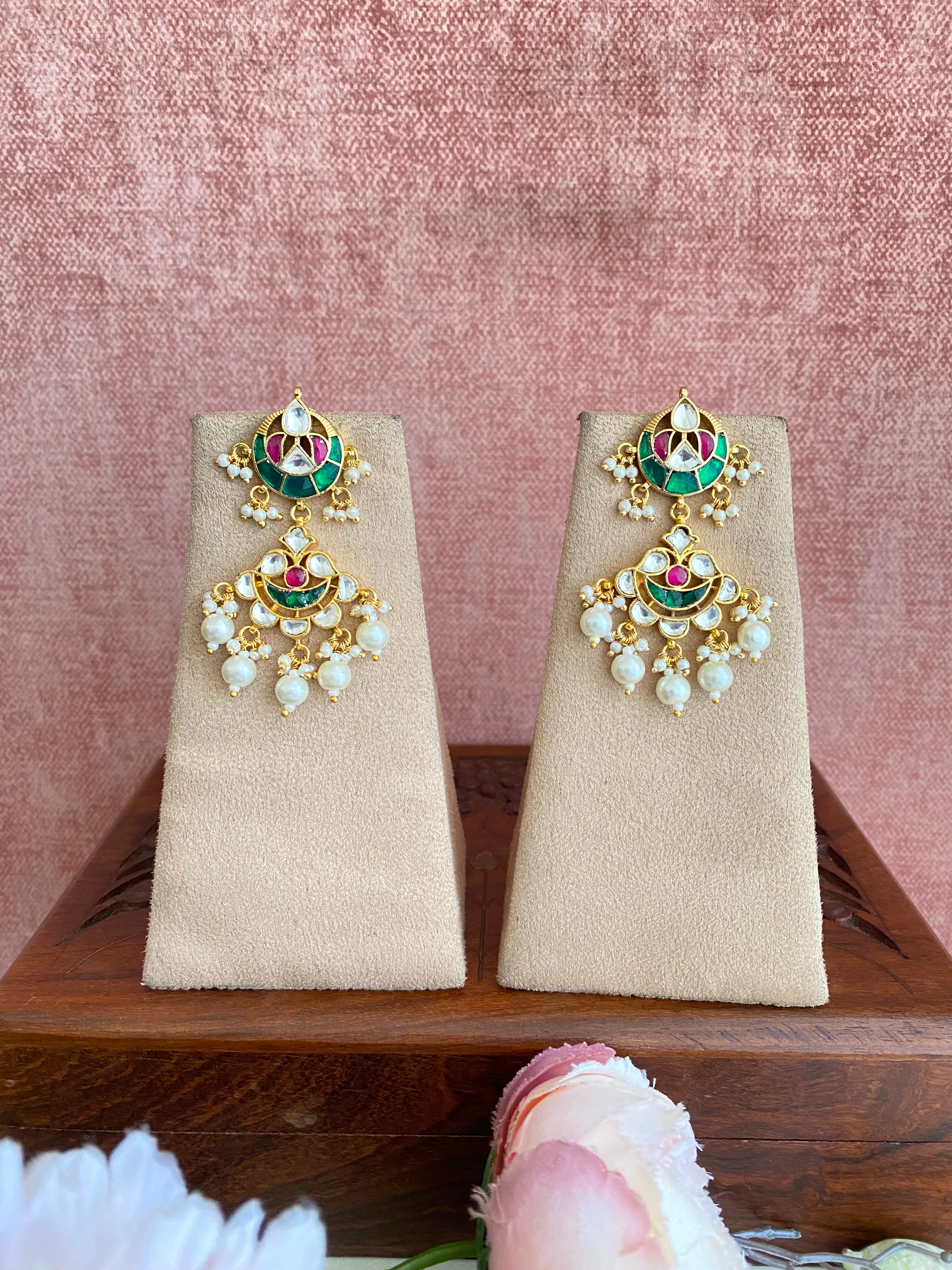 Multicolor Gold Plated Kundan Earring in green drops