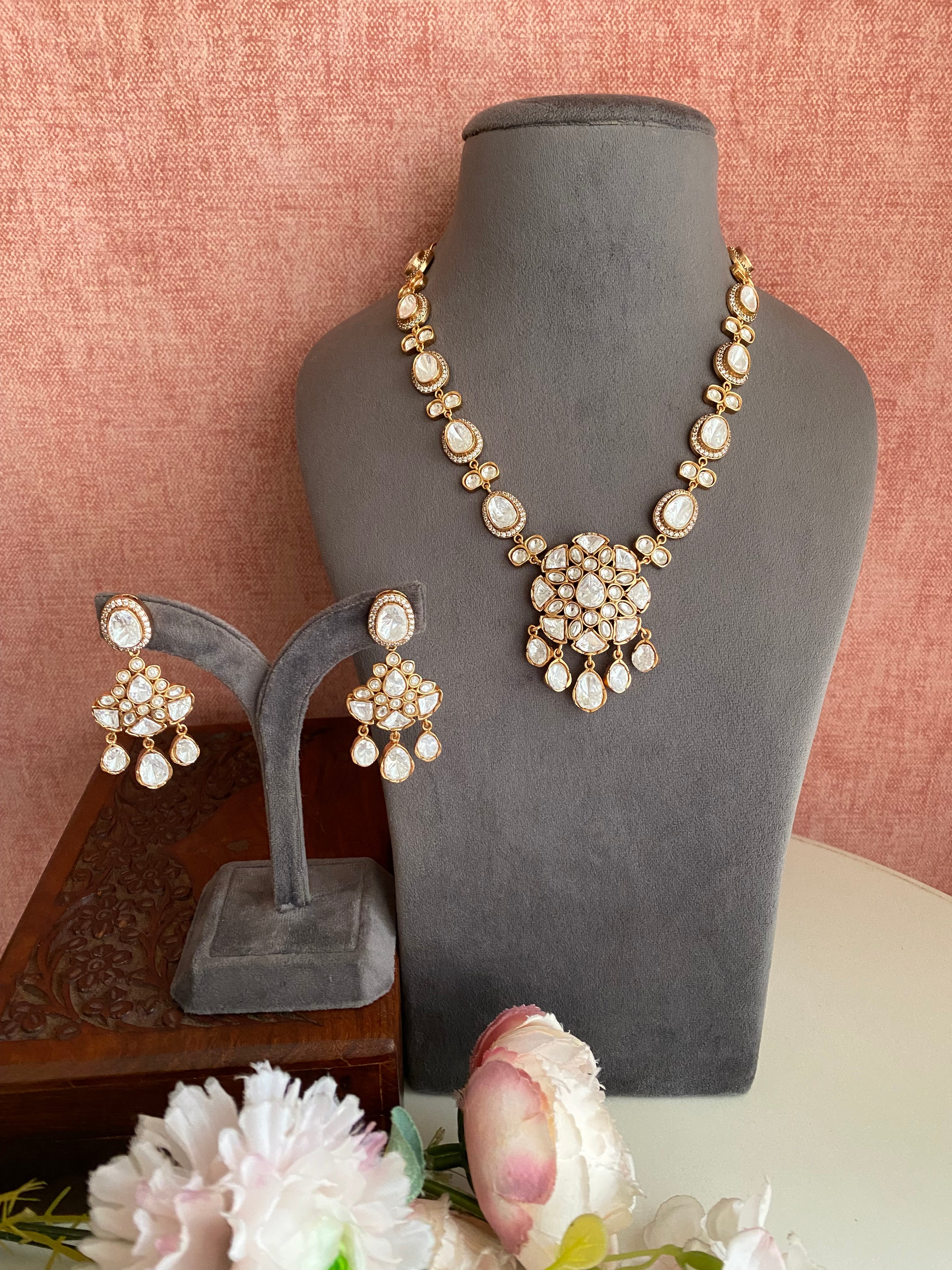 Gold plated Moissanite long necklace set