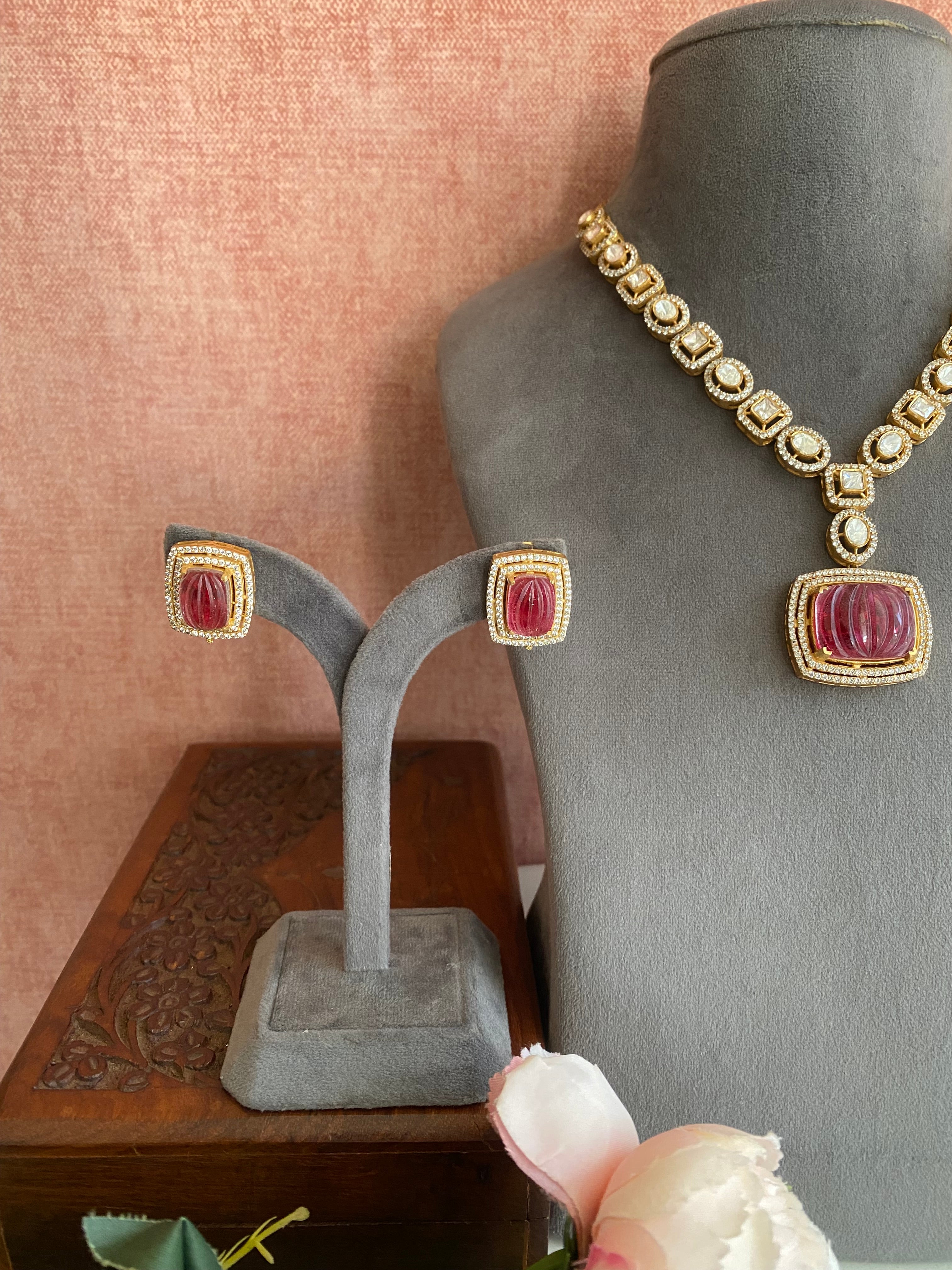 Gold plated moissanite Long necklace set