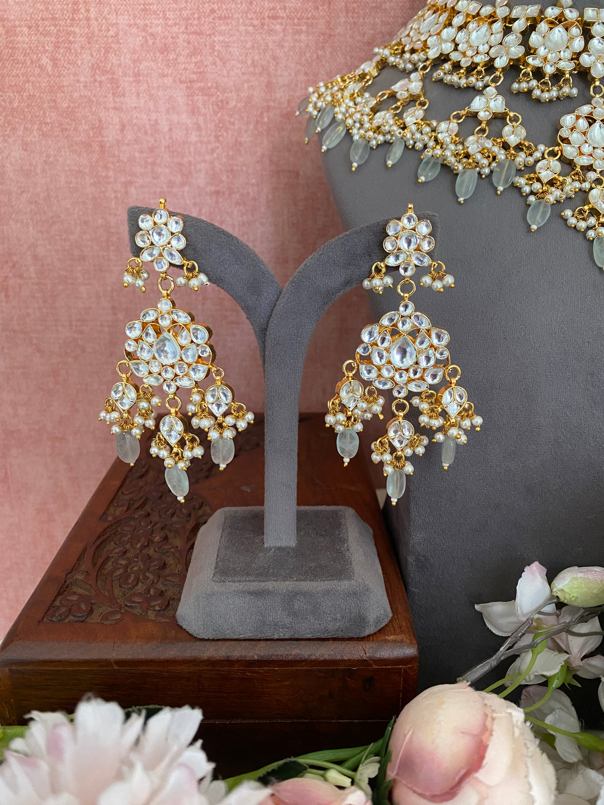 Kundan Bridal Necklace Set in Pink Drops