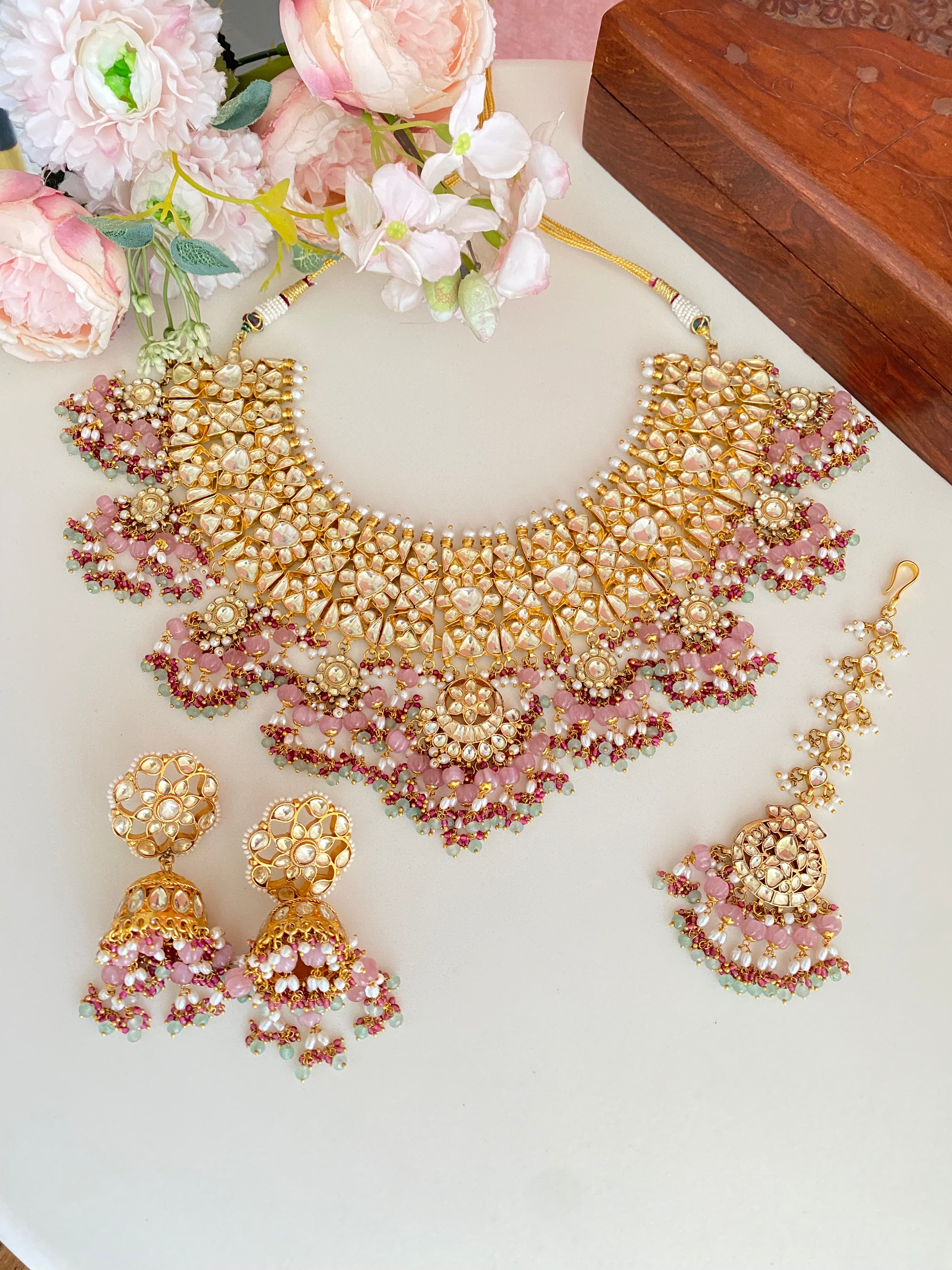 Kundan Bridal Necklace Set in Pink Drops