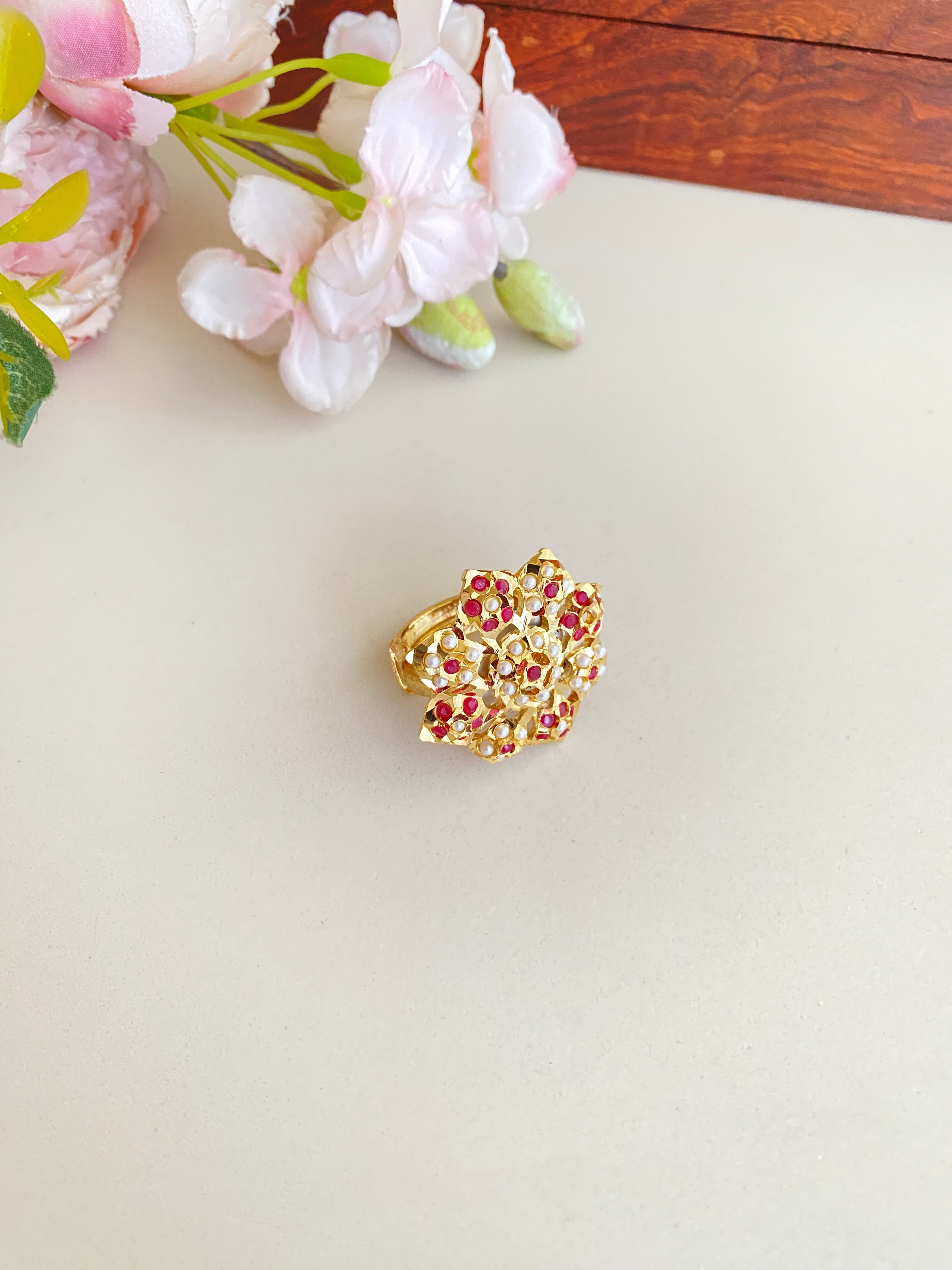 Amritsari Jadau green stone Ring