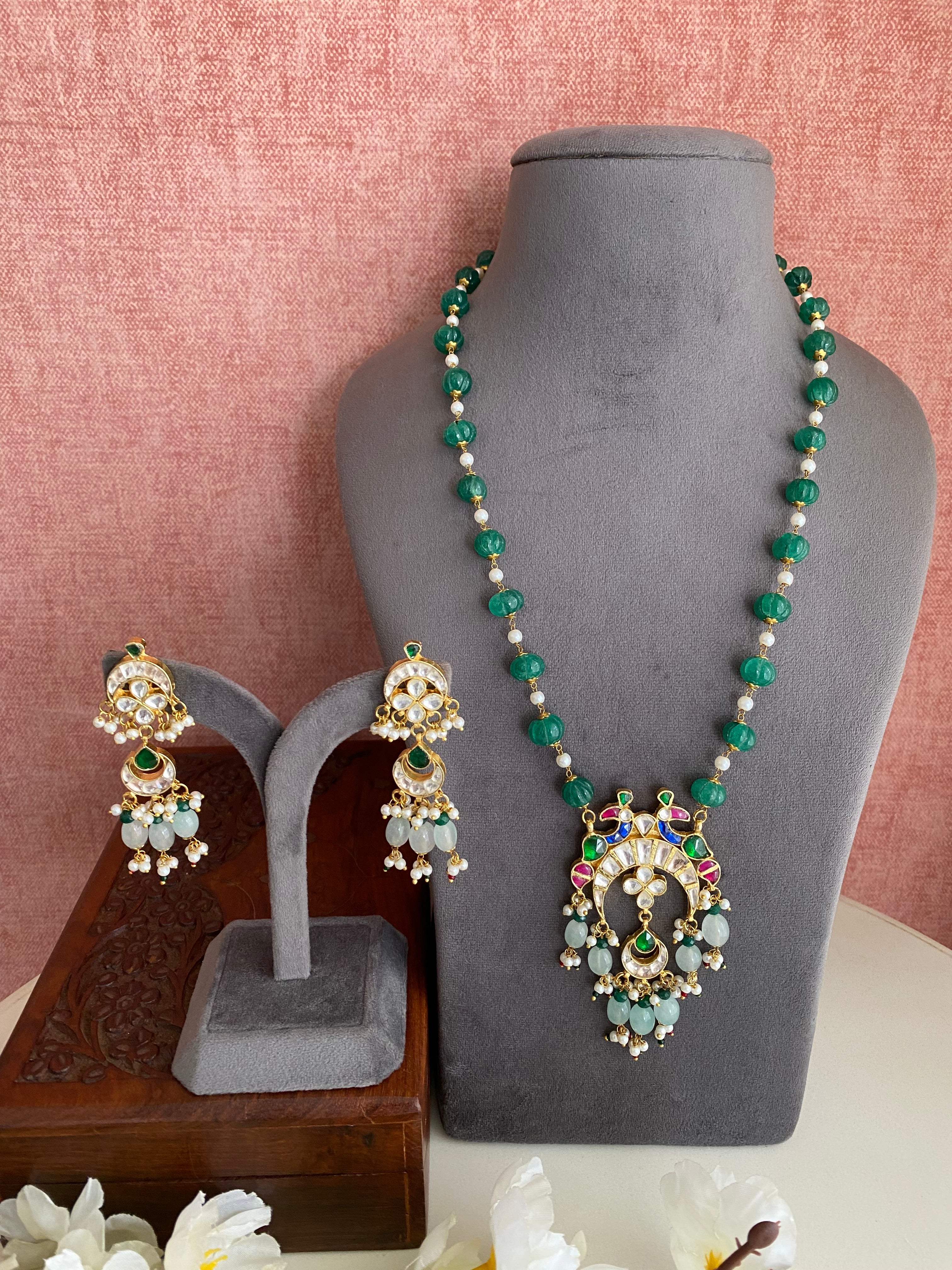 Gold Plated Kundan Long Necklace Set In Mint Drops