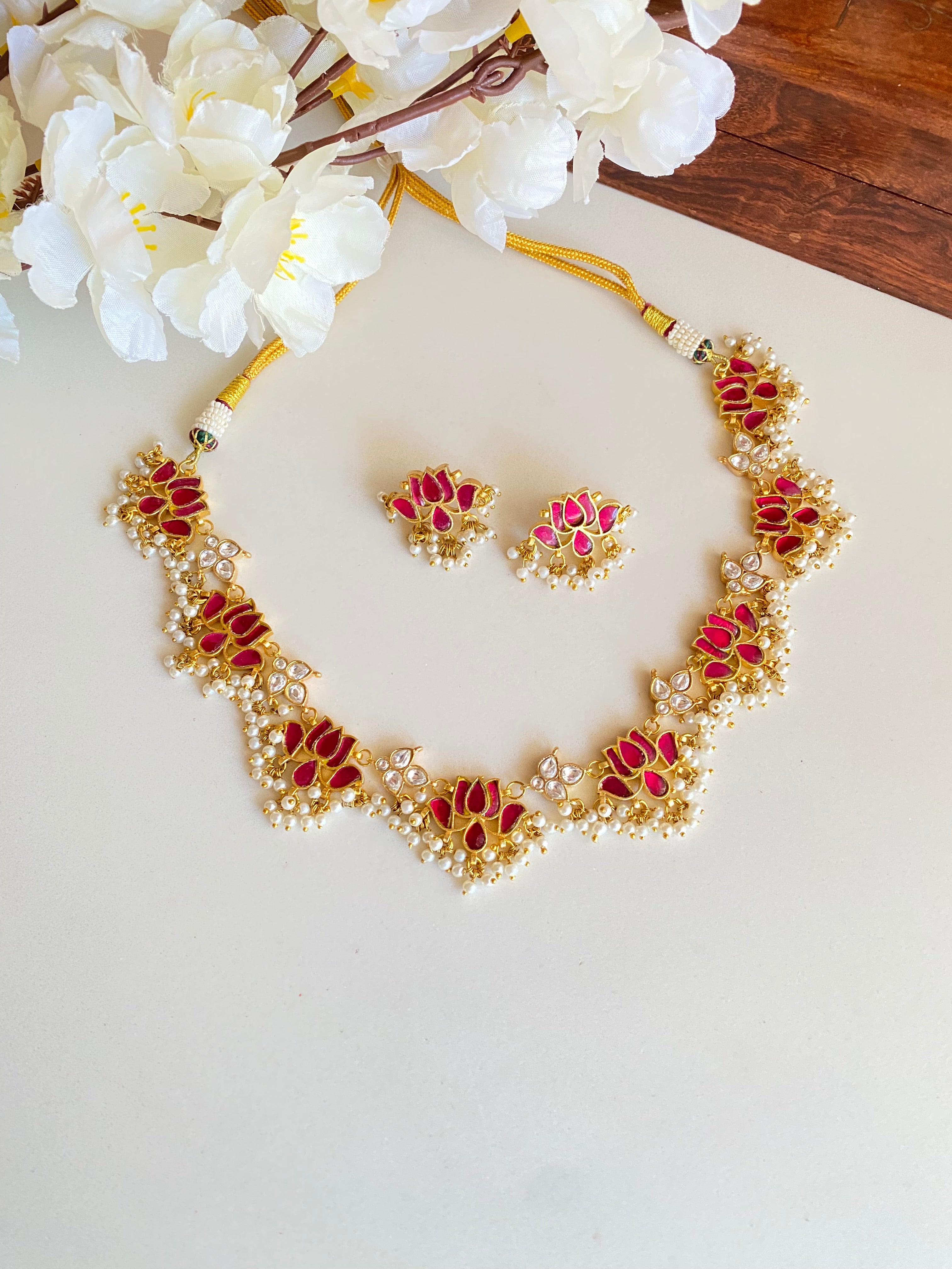Gold plated Pink Lotus Kundan Choker set