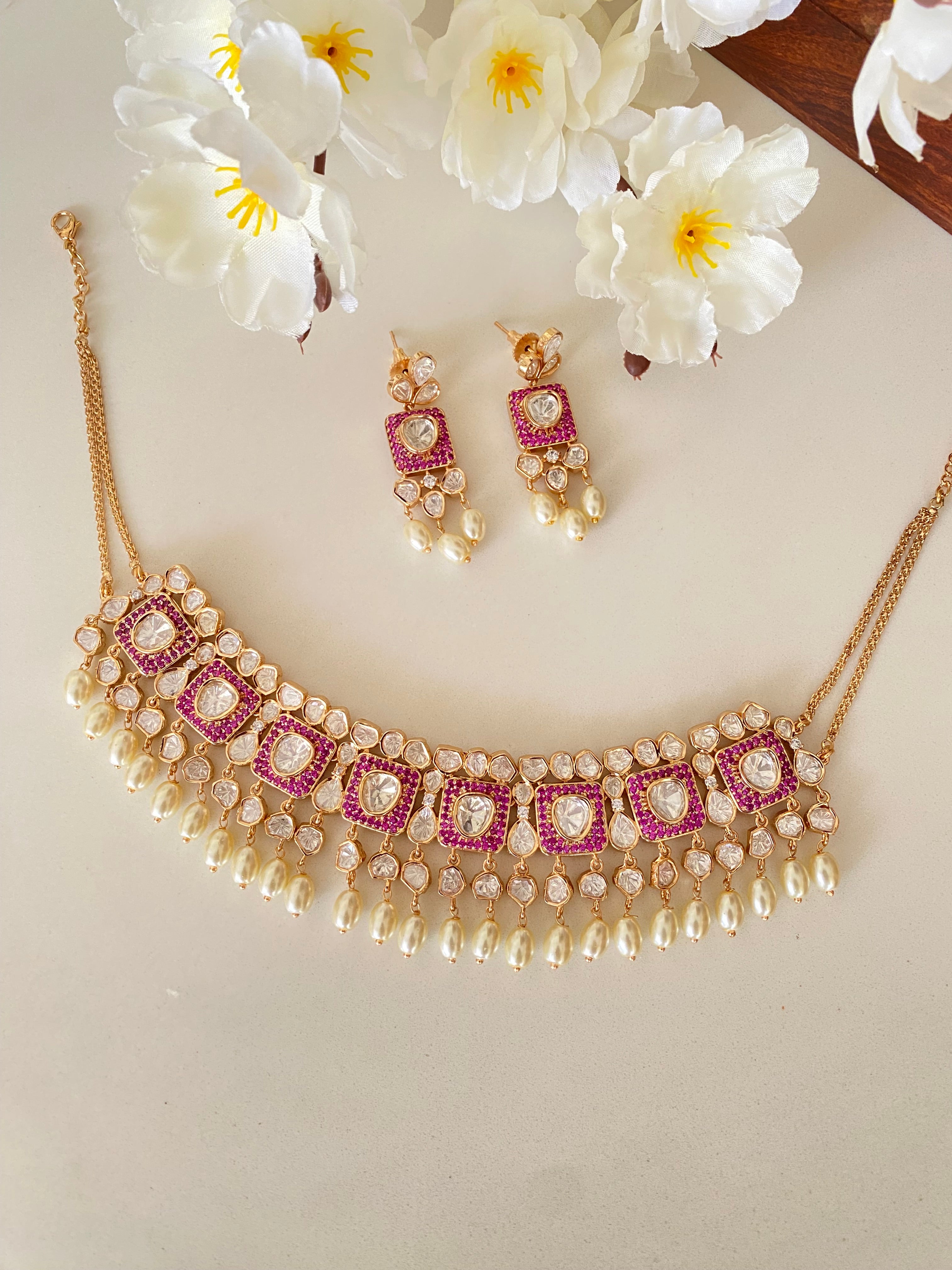Moissanite polki Gold plated necklace set