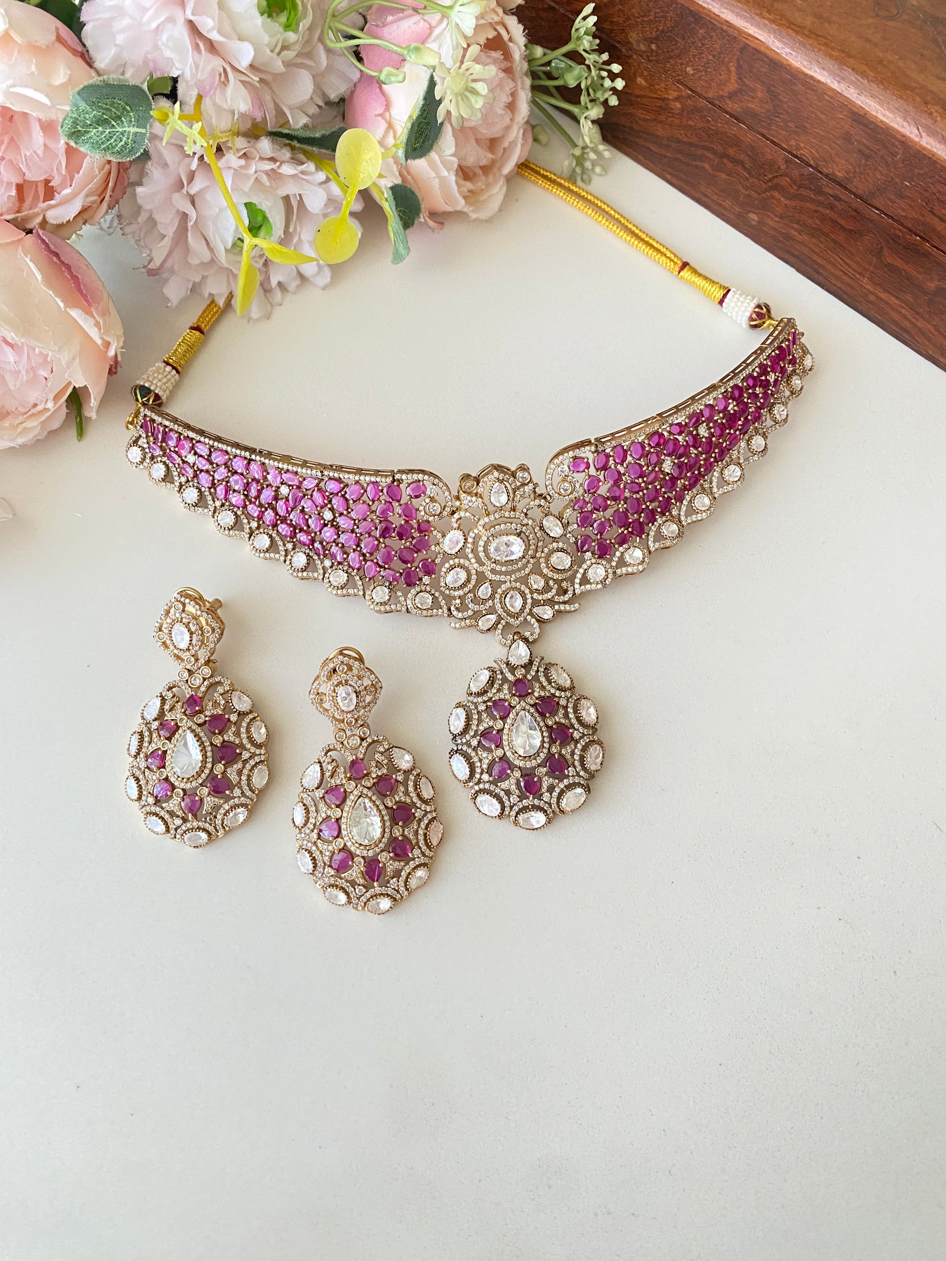Gold plated Moissanite Pink Necklace Set