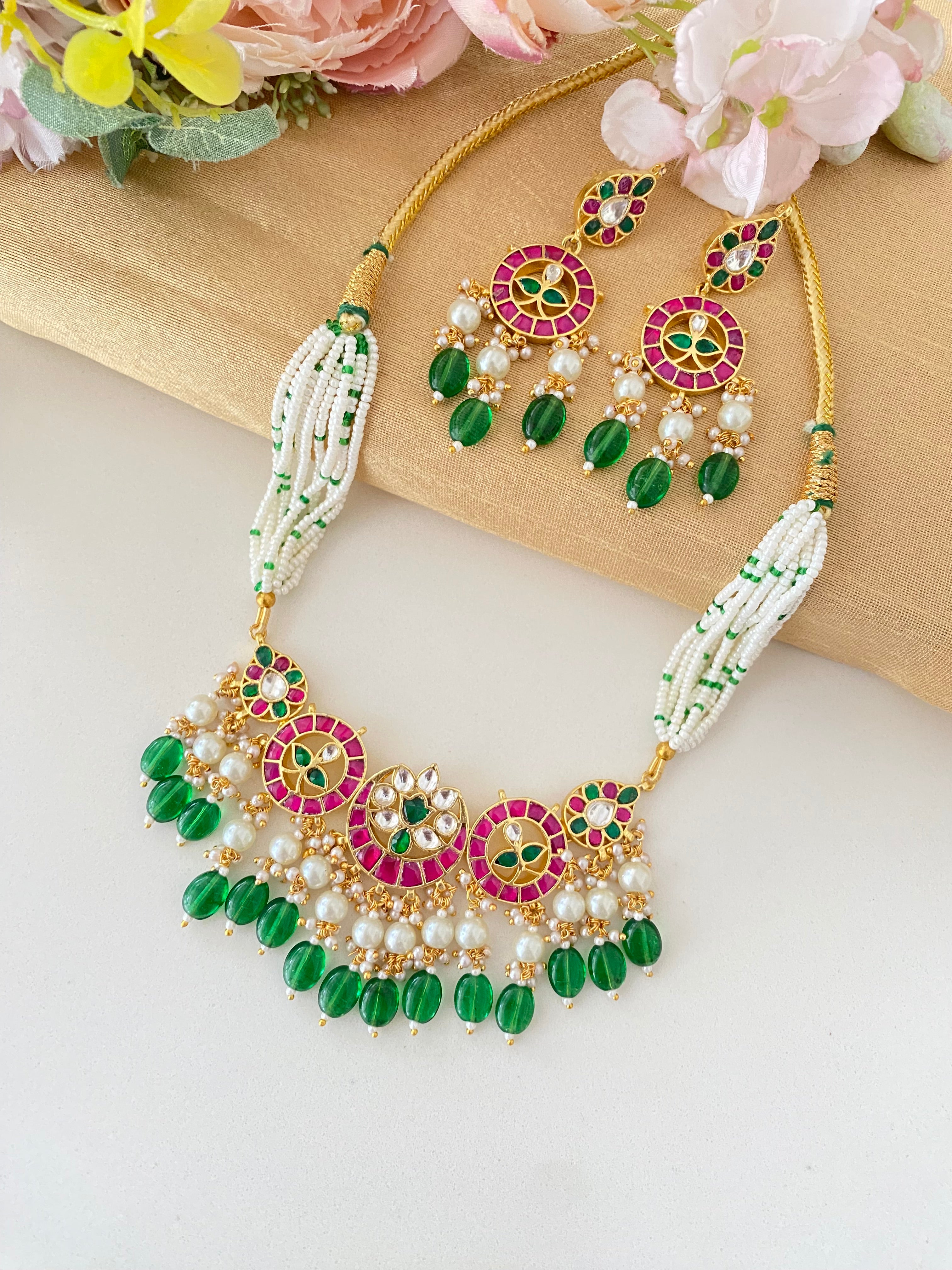 Gold plated Kundan Choker Set in Green drops