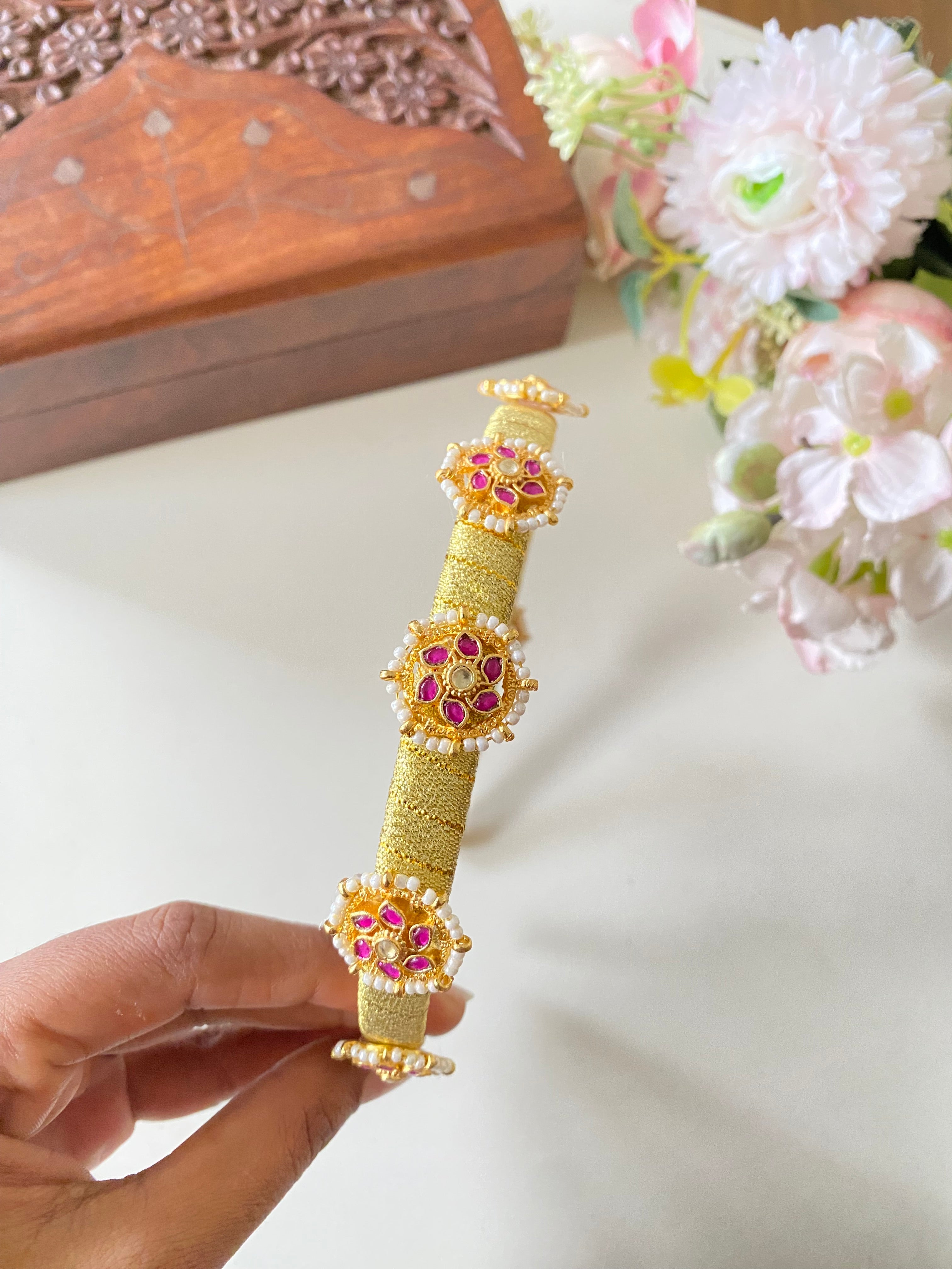 Gold Plated pink Kundan Hairband