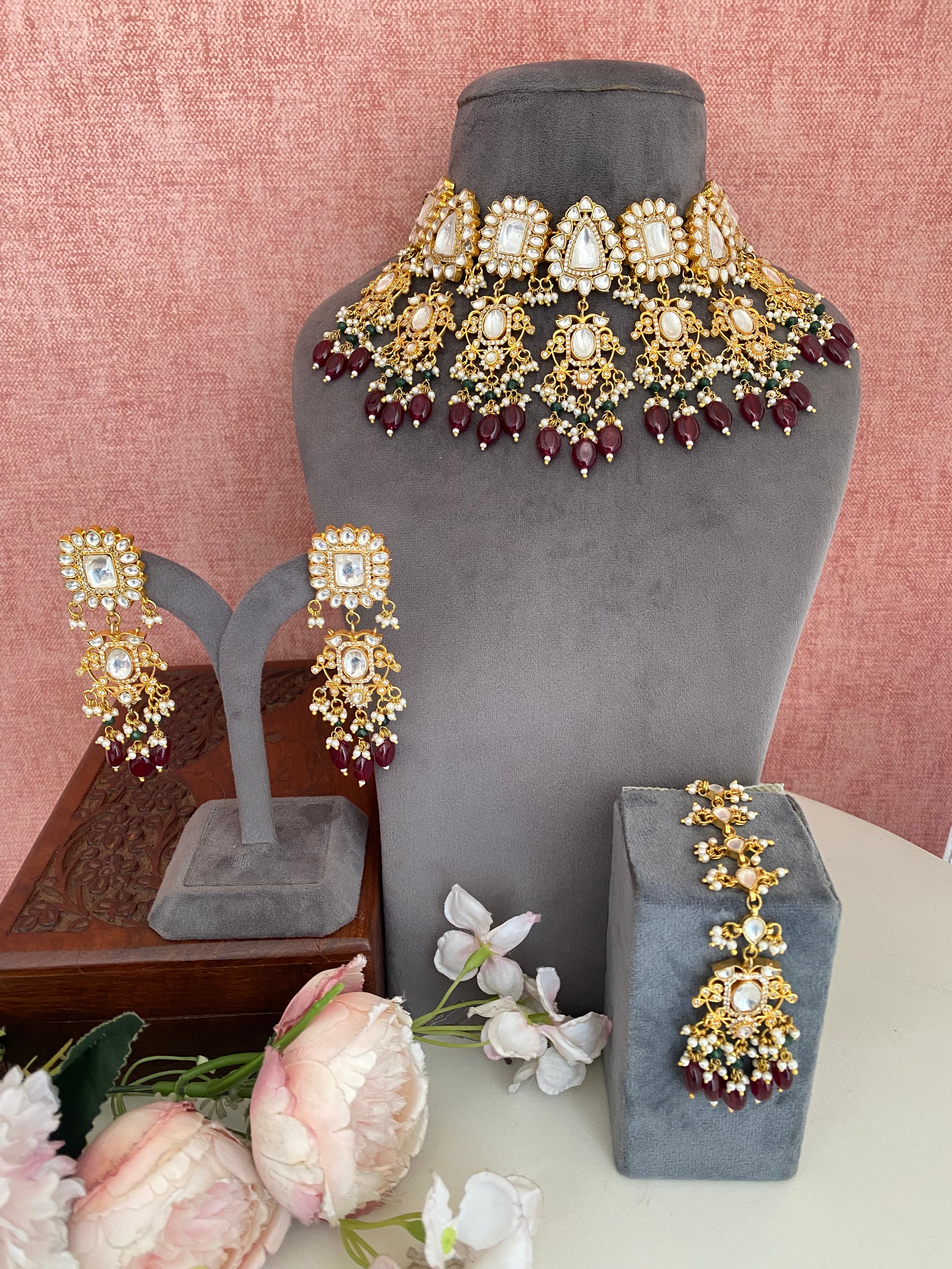 Kundan Bridal Necklace set in maroon drops