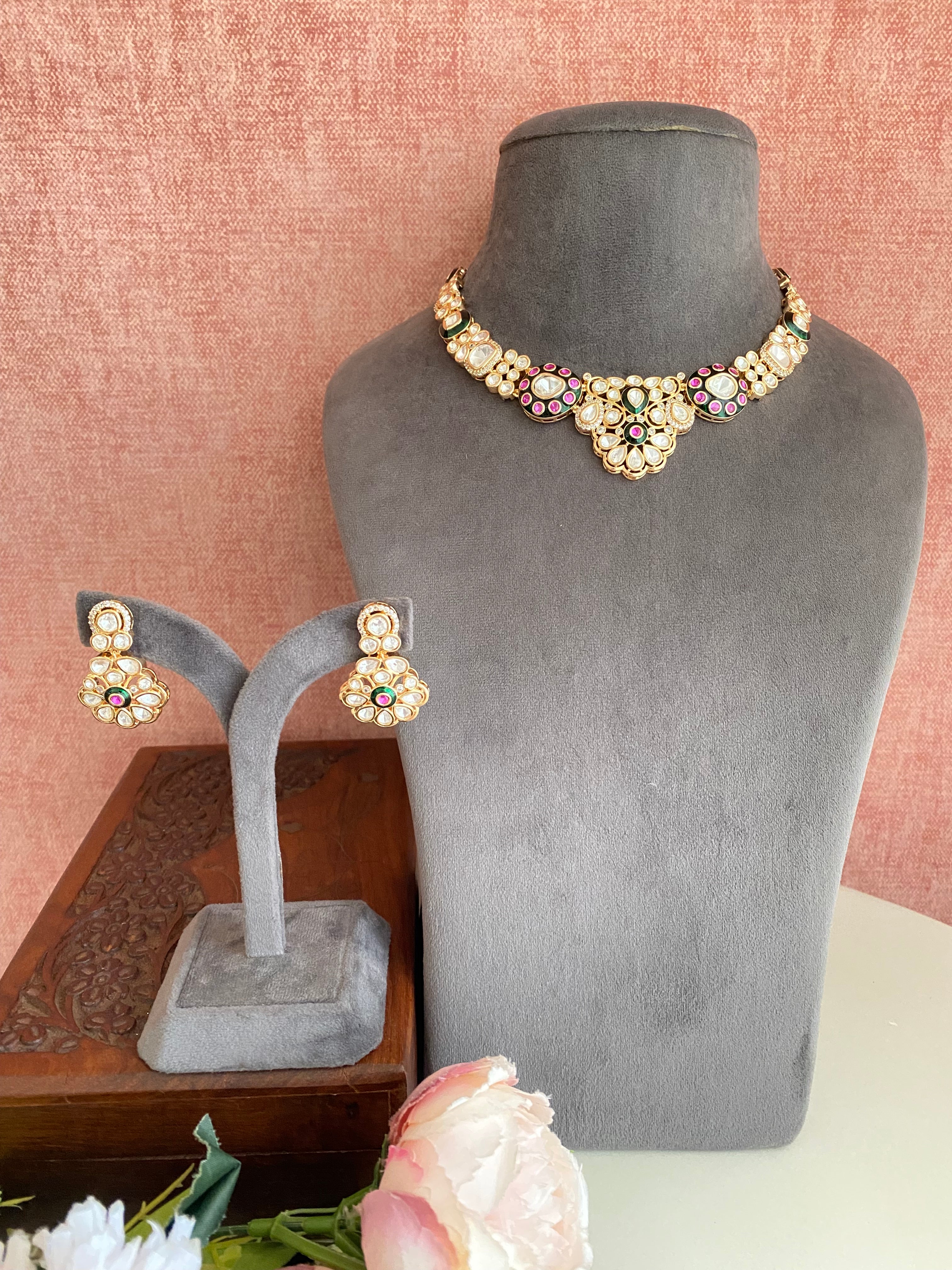 Polki Pink and Green Necklace set