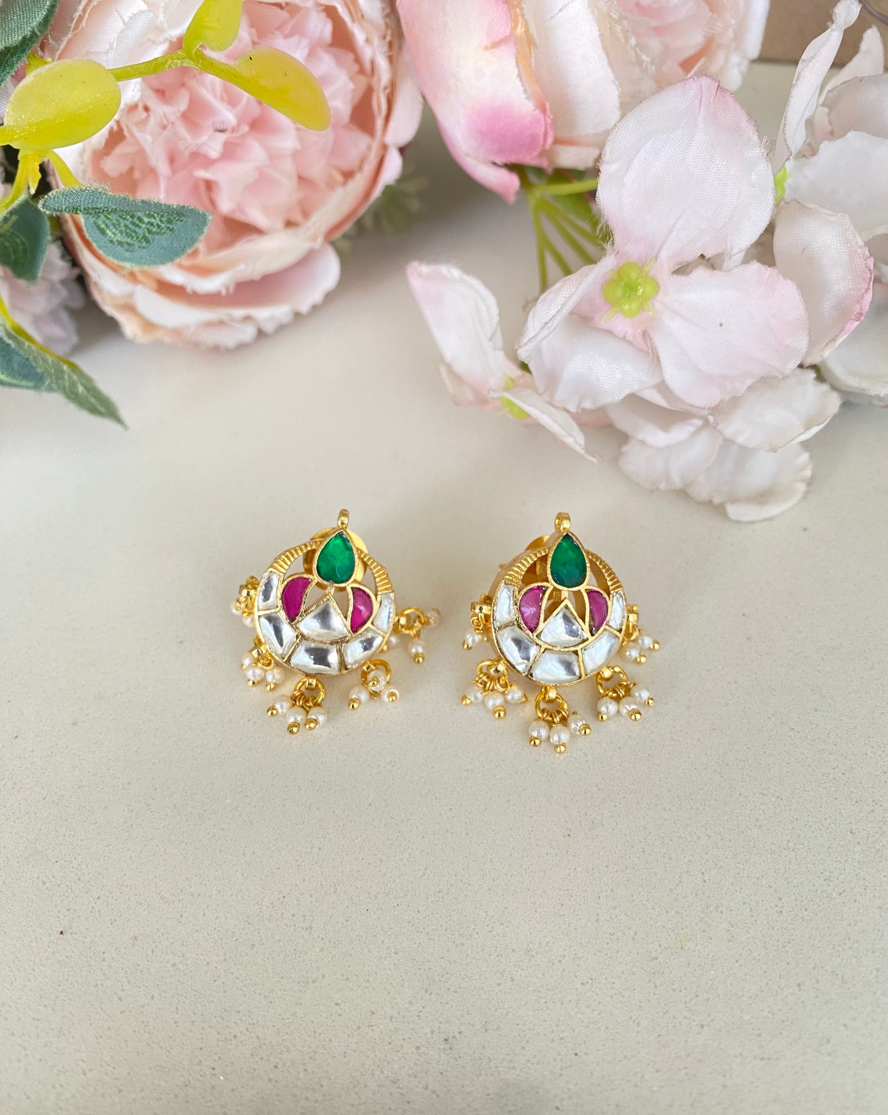Gold plated green and pink Kundan studs in pearl