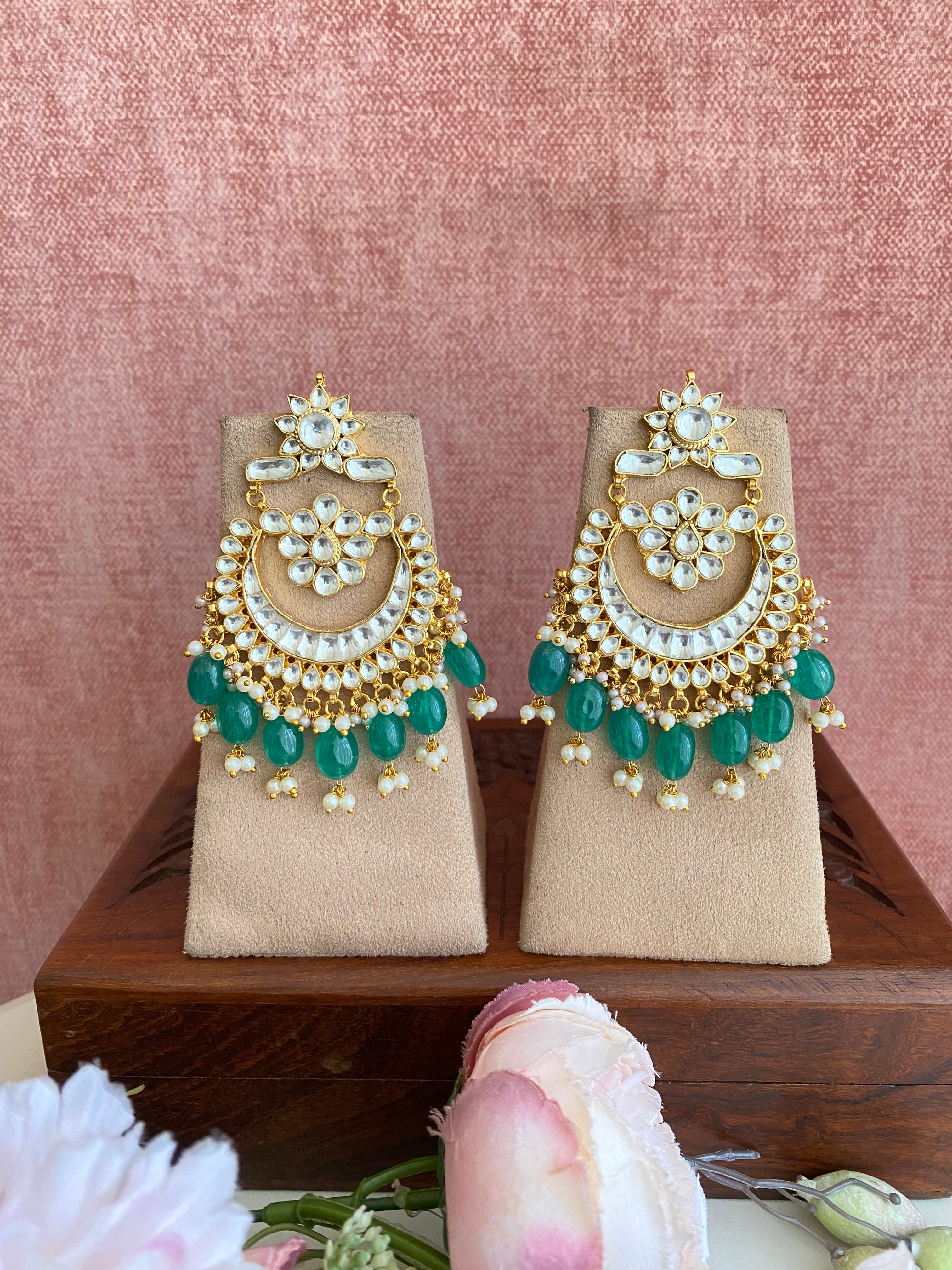 Gold plated Kundan Earring in green drops