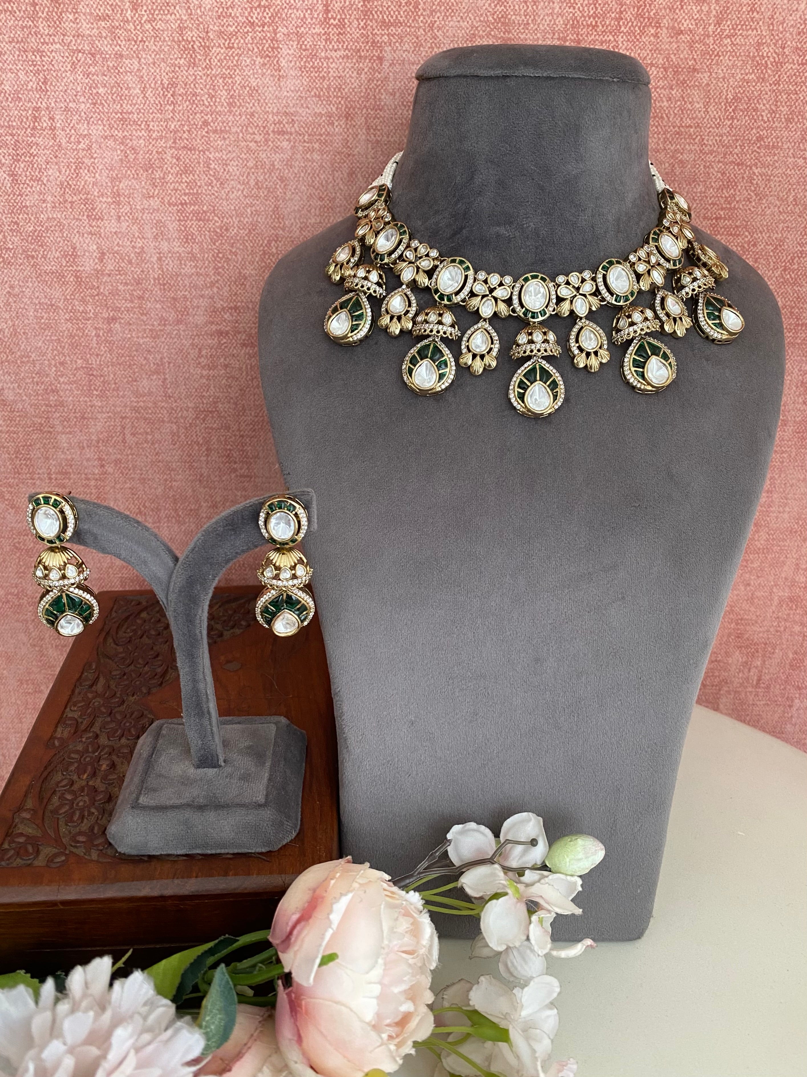 Moissanite Polki Green Necklace Set
