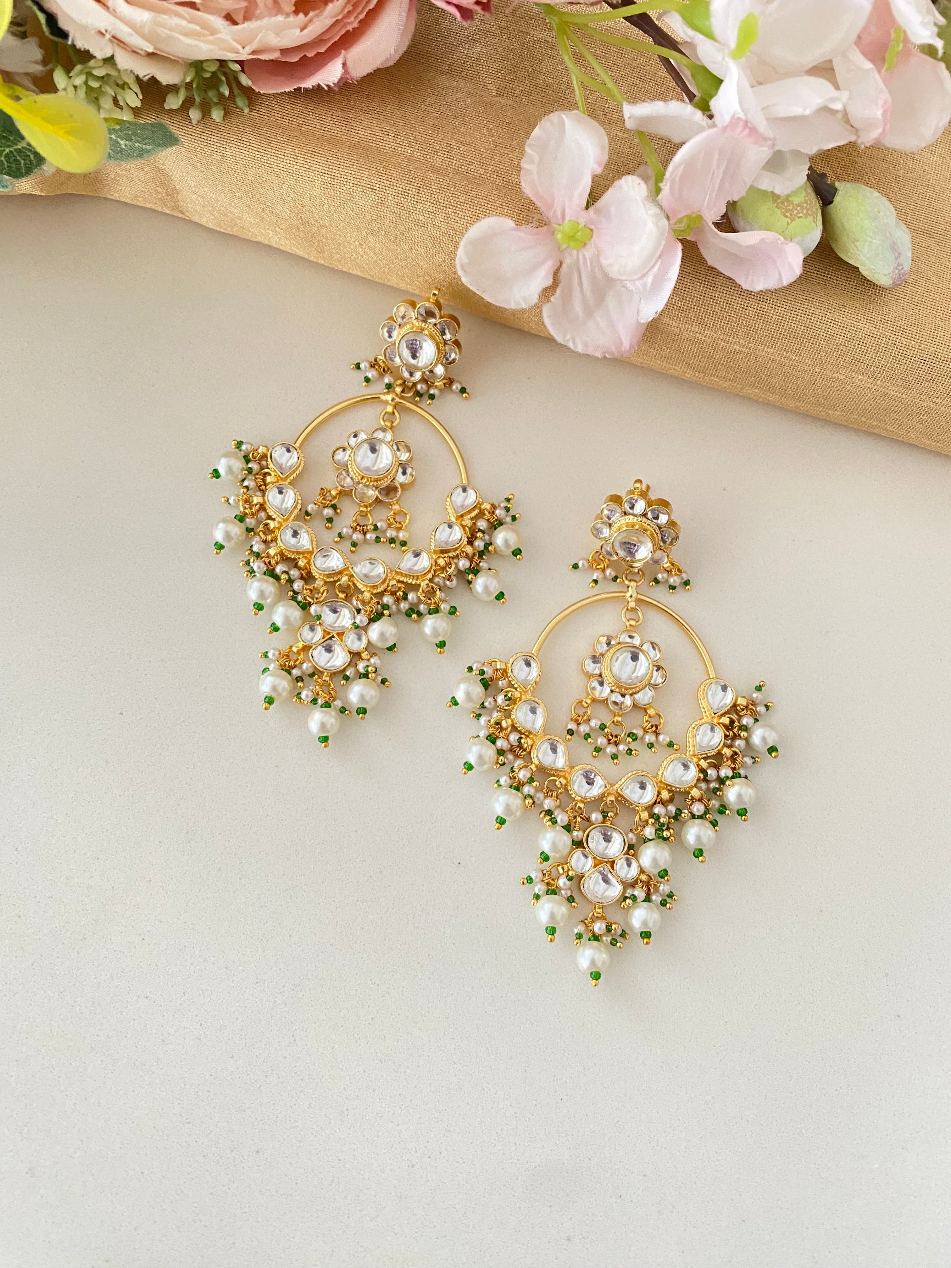 Gold Plated Kundan Earrings in Pearl