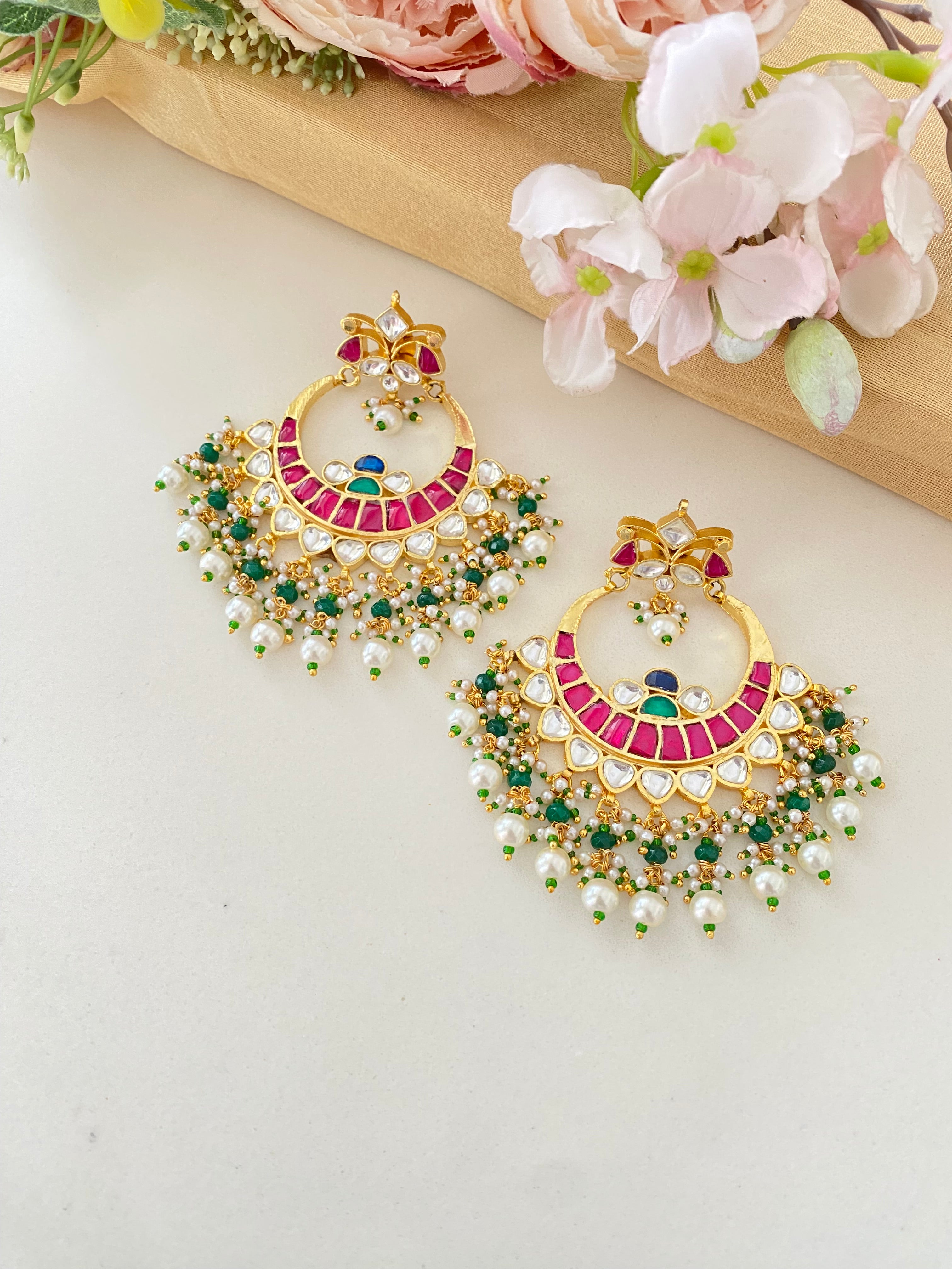 Multicolor Gold Plated Kundan Earrings in pearl