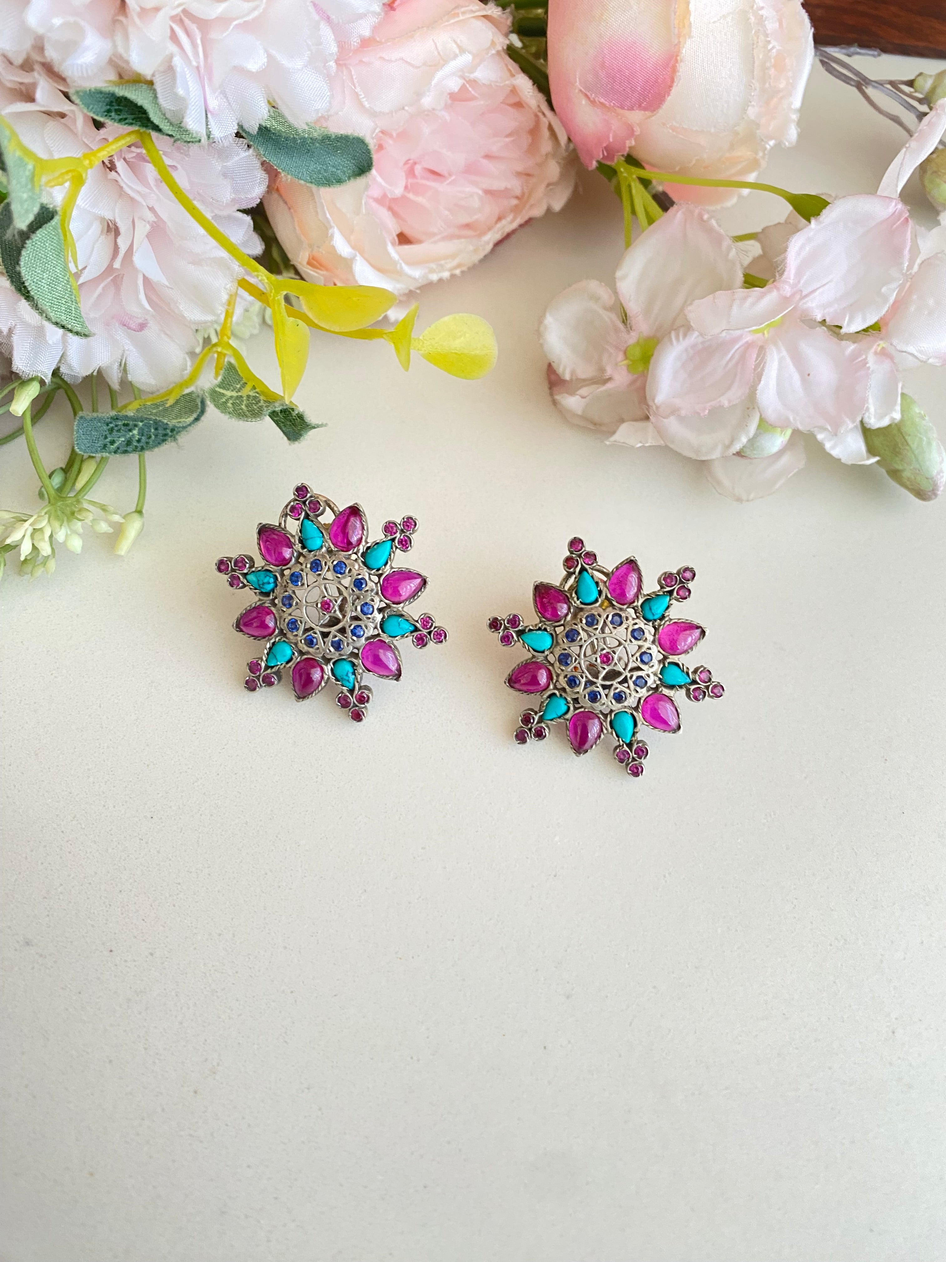 Silver plated Kundan Floral Studs