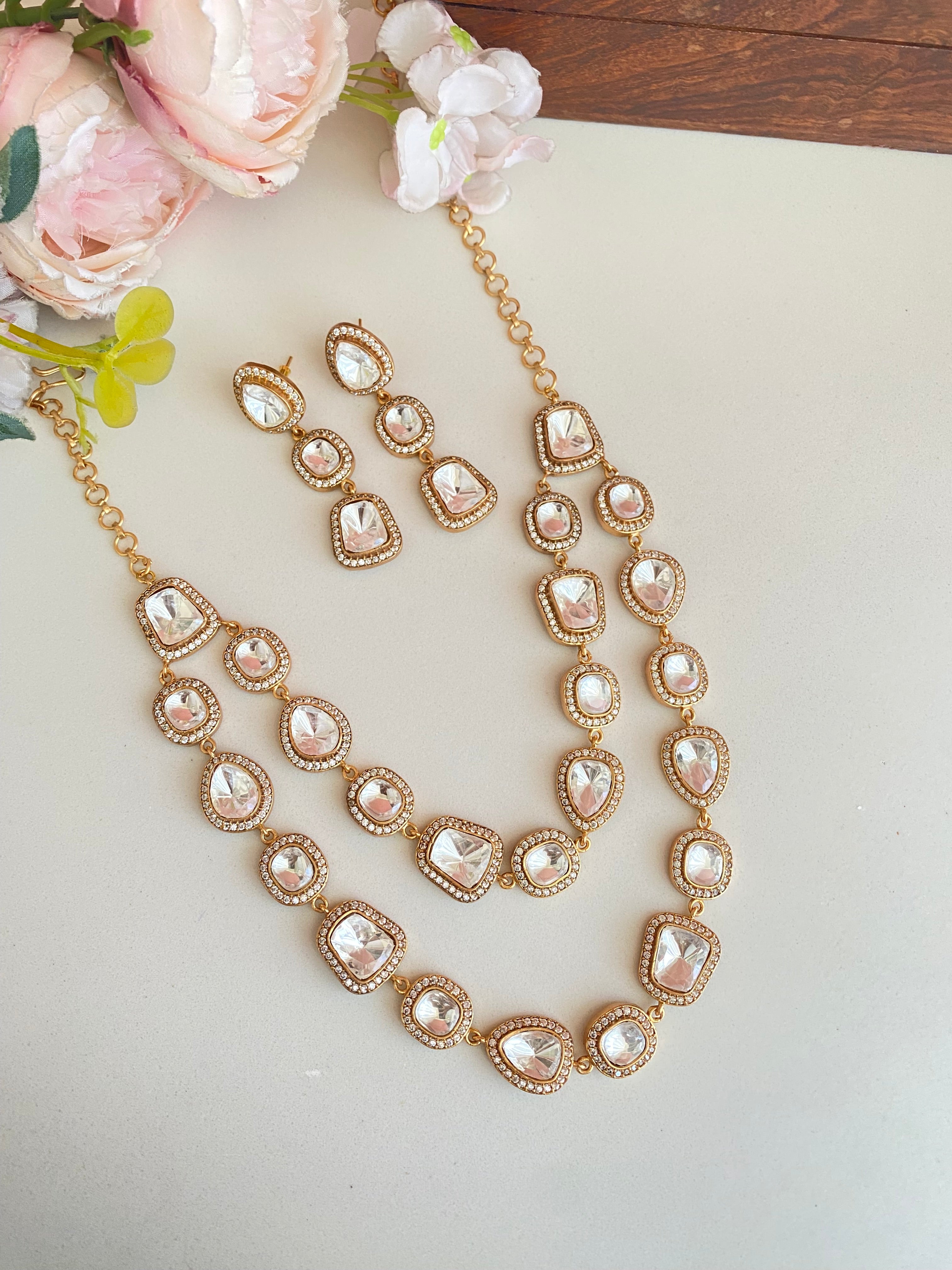 Gold plated Moissanite double layer necklace set