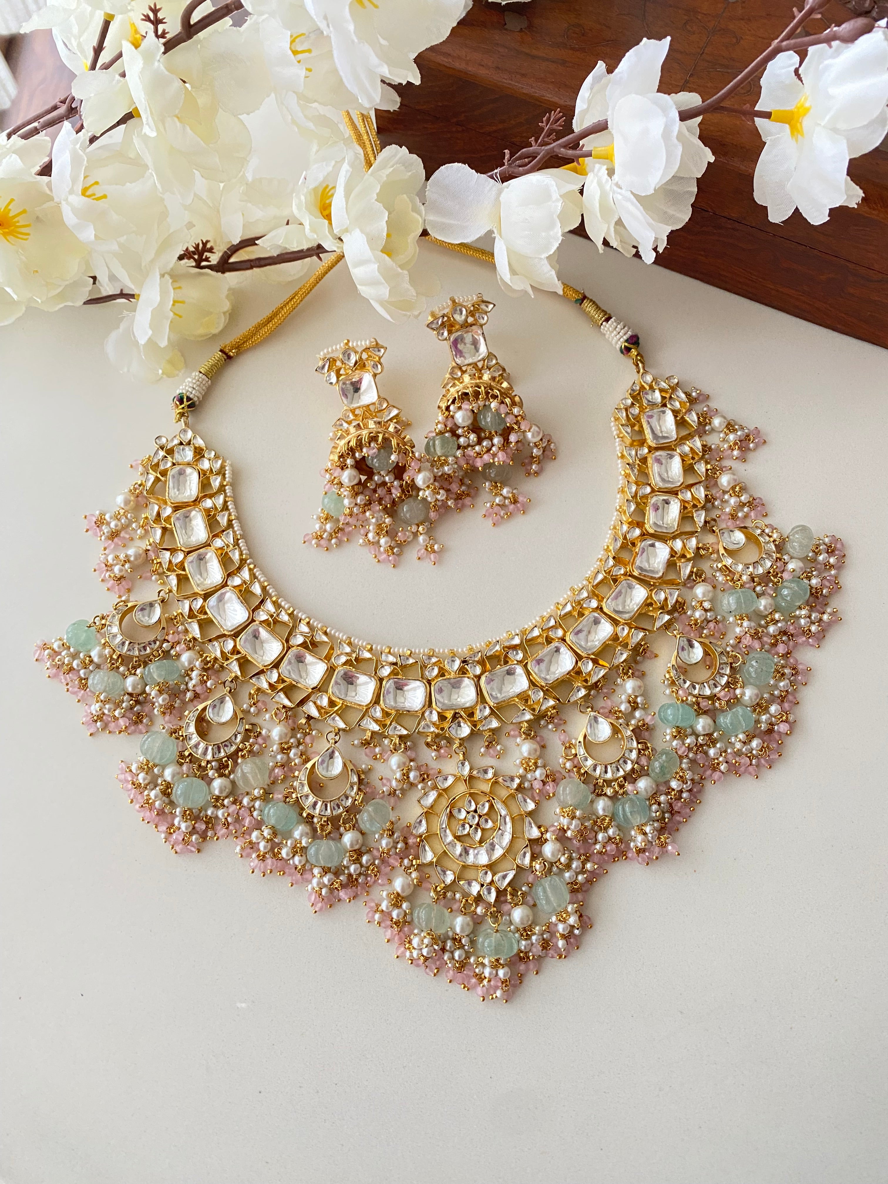 Kundan Bridal Necklace Set in mint Drops