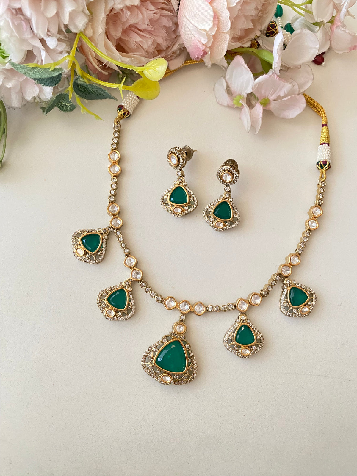Moissanite green Polki Necklace Set