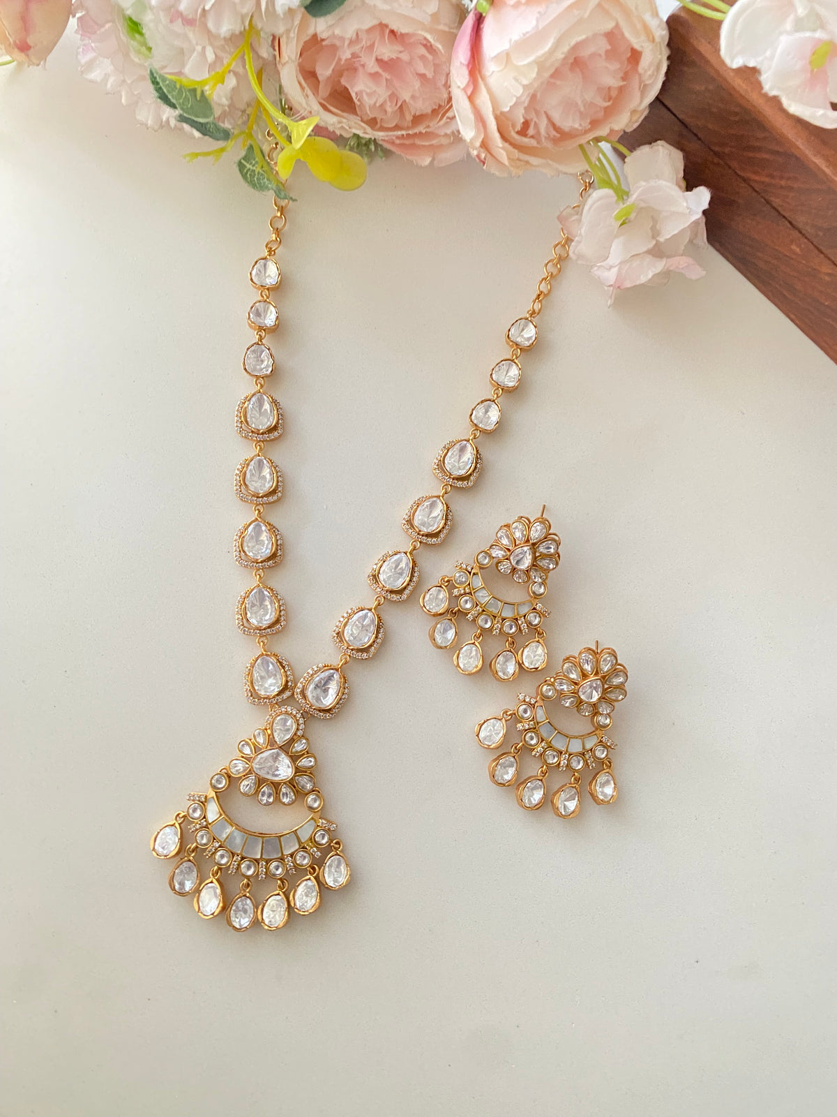Mother of Pearl with Polki Long Necklace Set